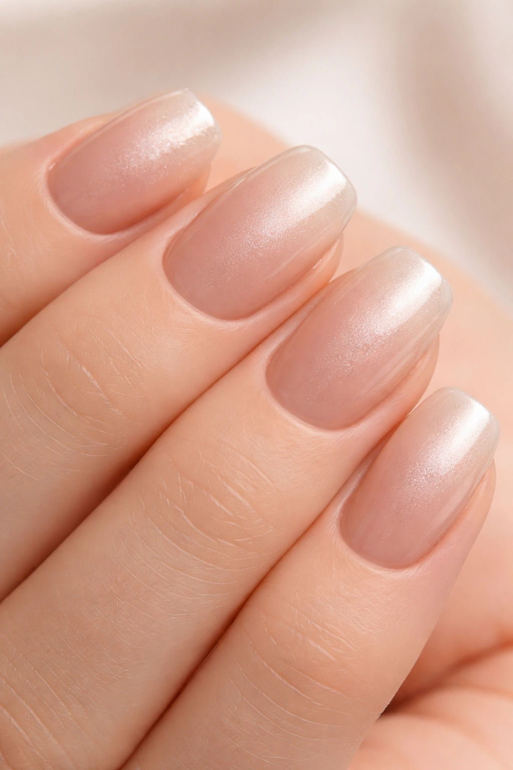 Close-up of nails with nude to champagne gradient and pearl finish.