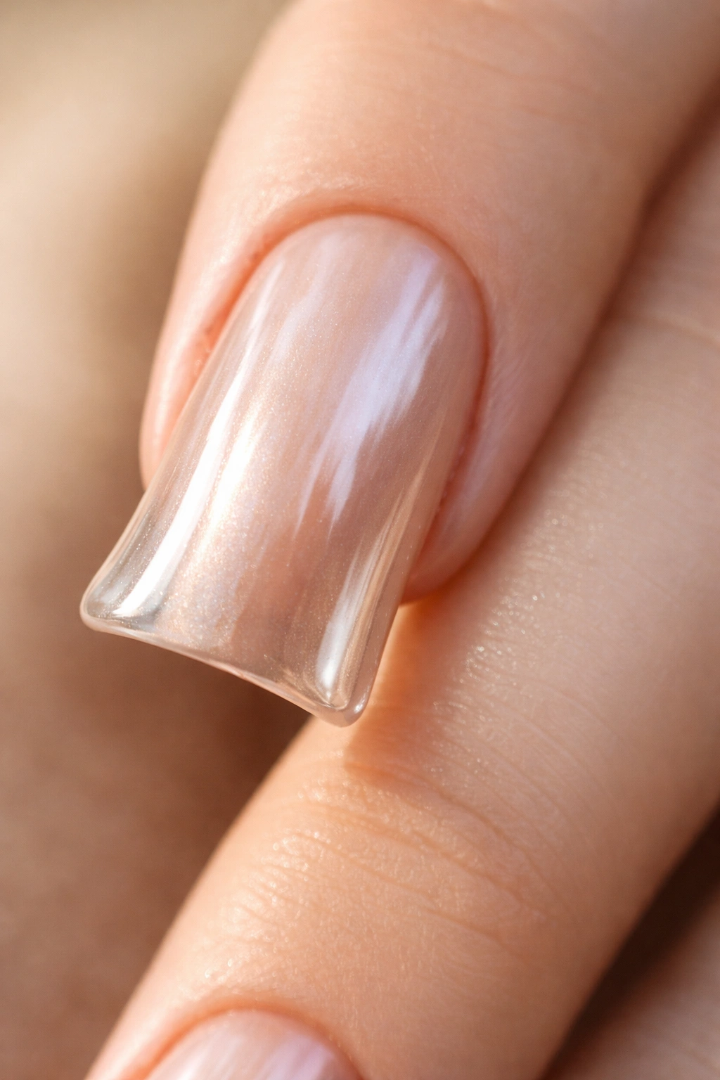 Duck nail in nude chrome with subtle shimmer on skin-tone base under natural light