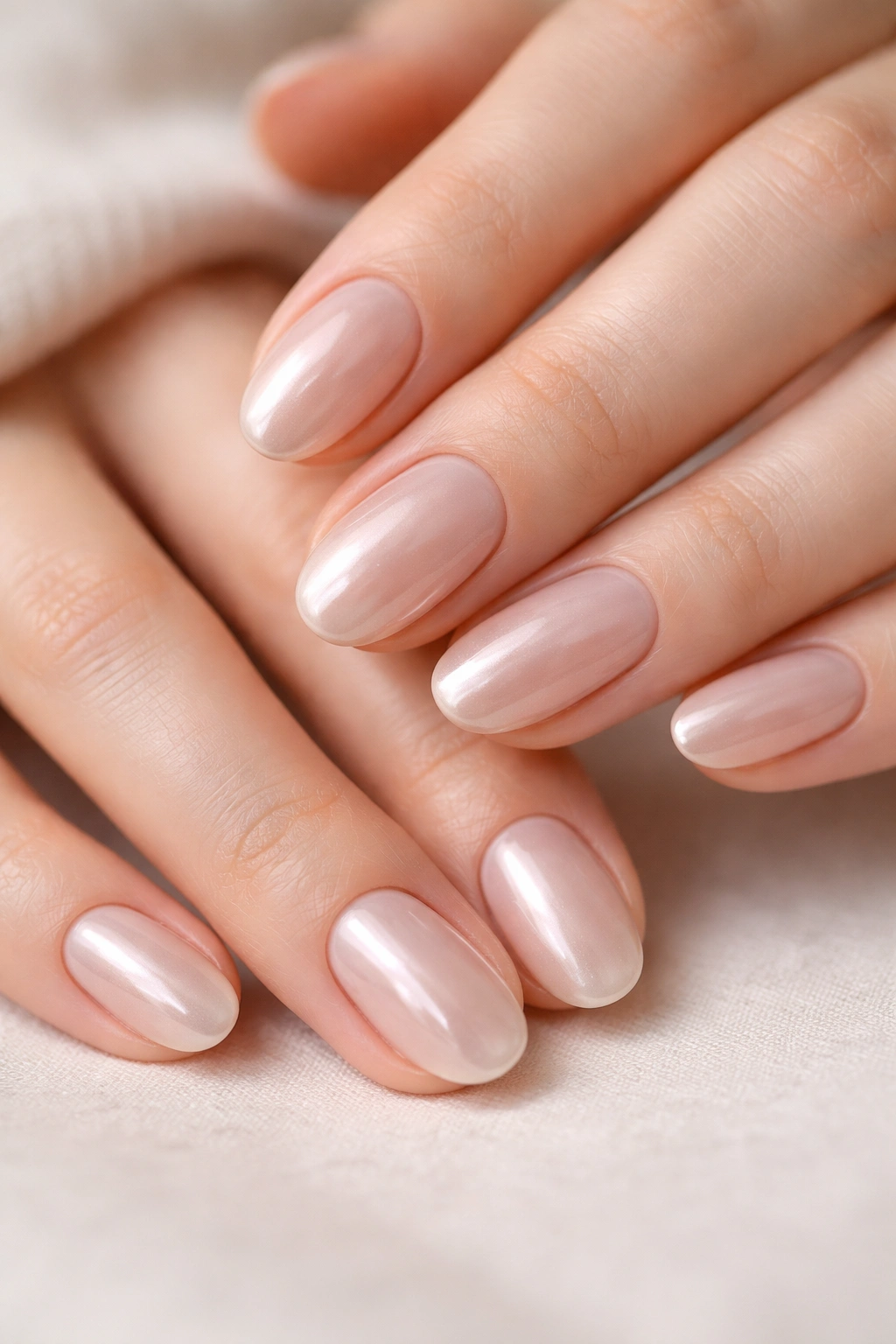 Close-up of short oval nails with nude chrome glaze