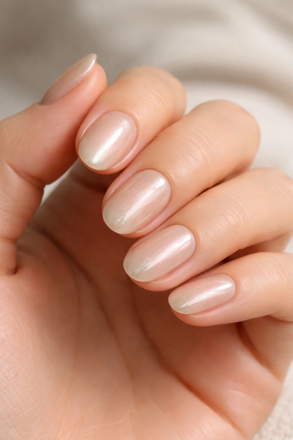 Close-up of short oval nails with nude chrome shimmer