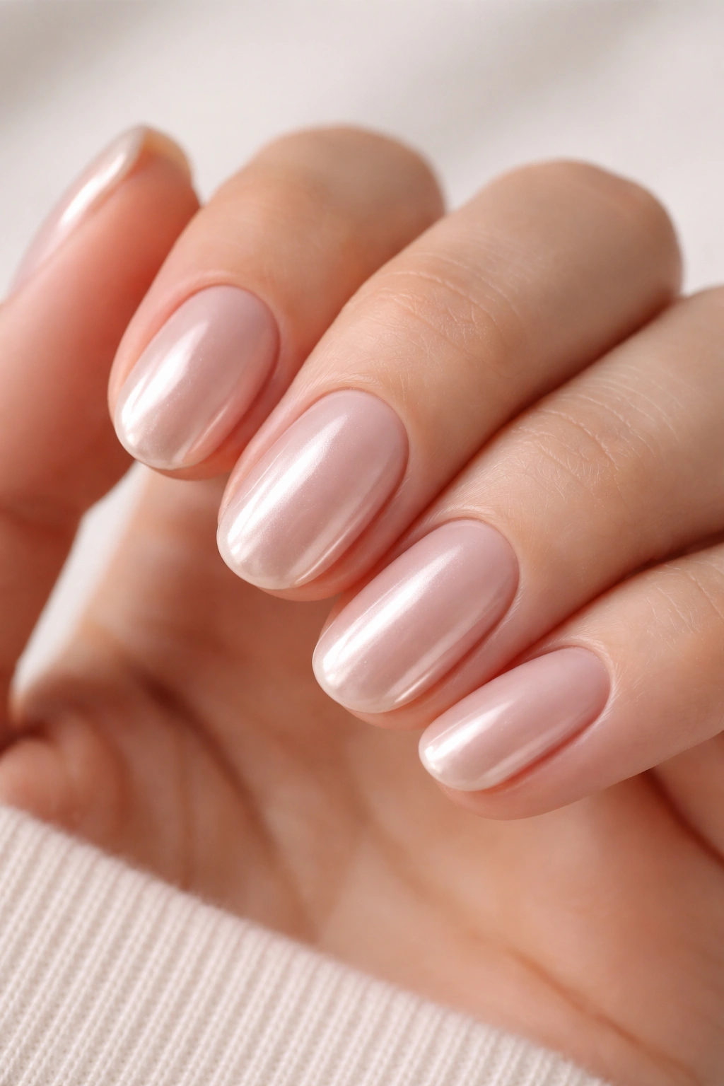 Close-up of short oval nails with nude chrome glaze on a neutral backdrop