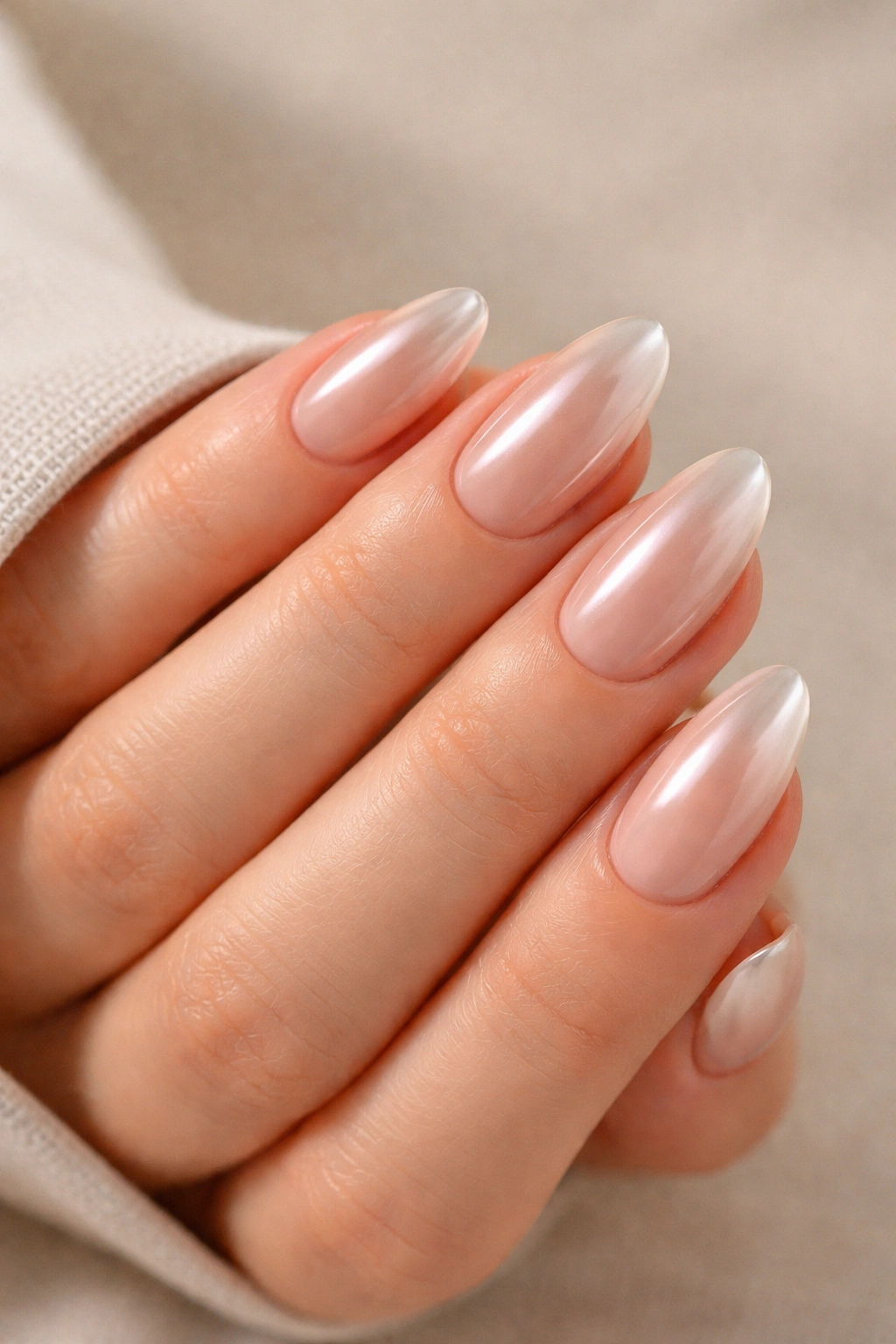 Nude chrome almond nails close-up on hand