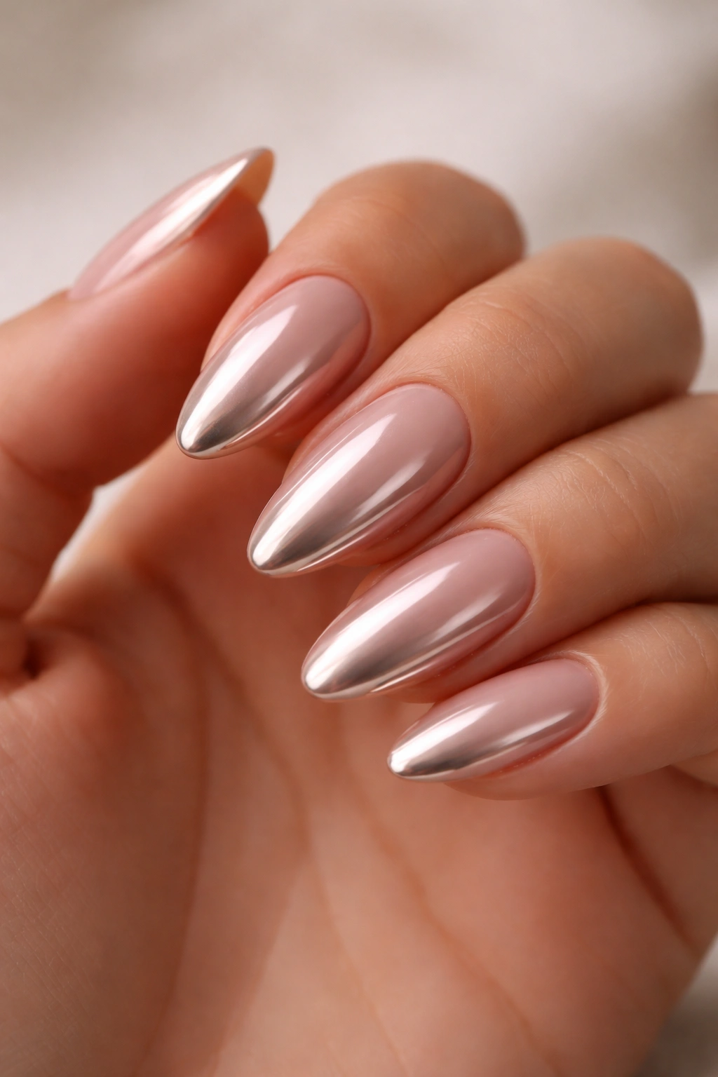 Close-up of nude chrome almond nails with pink-beige tint