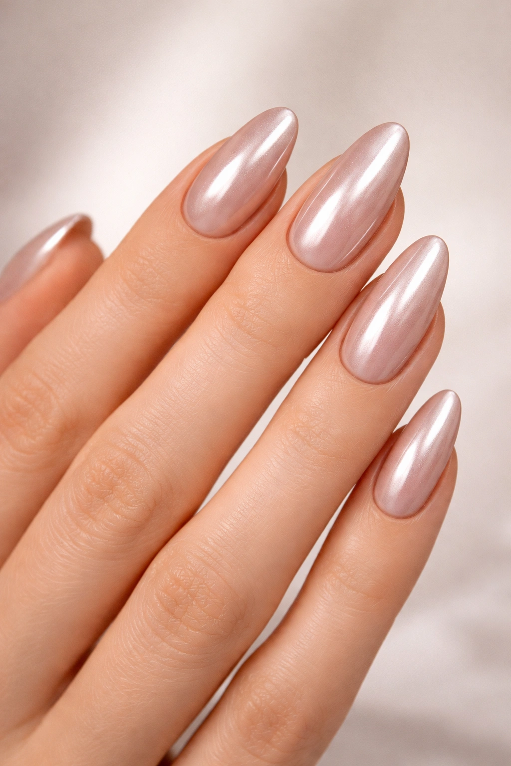 Close-up of nude chrome nails with reflective metallic shimmer on a neutral background