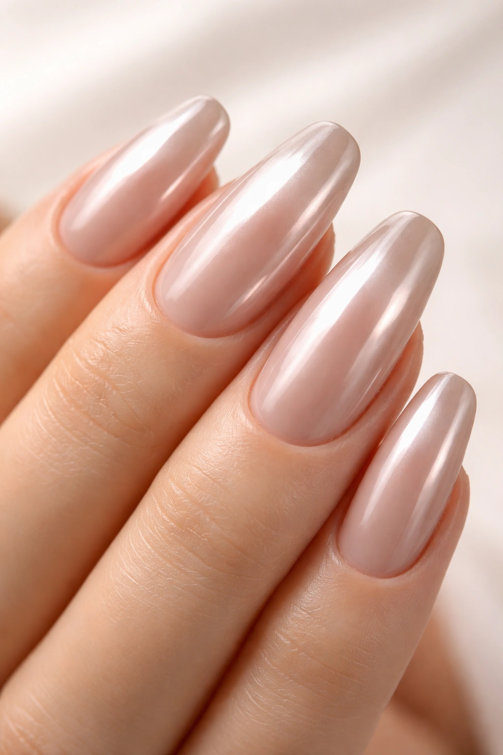 Nude chrome nails showing reflective glaze