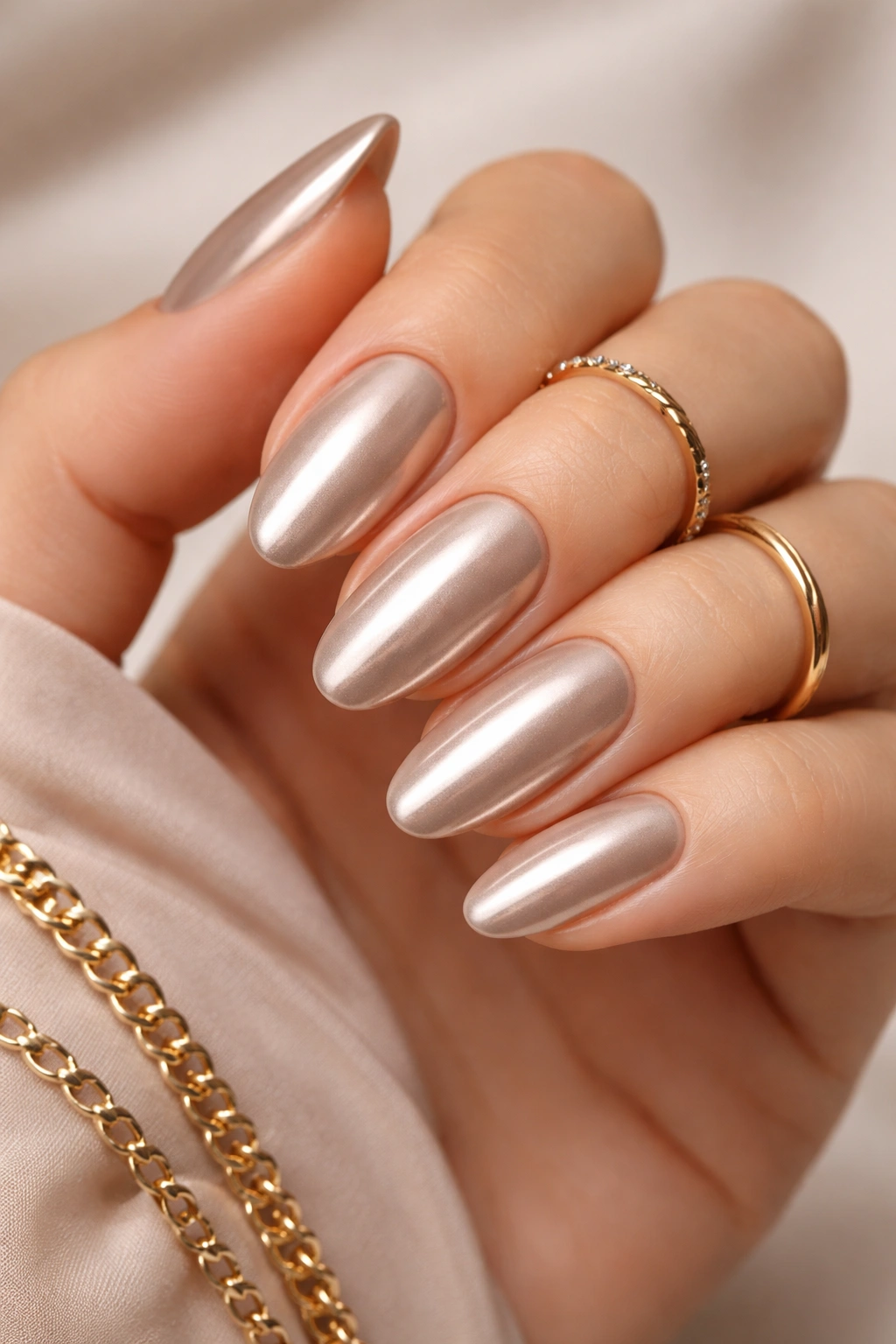 Close-up of nude chrome nails with a pearlescent shine in studio lighting