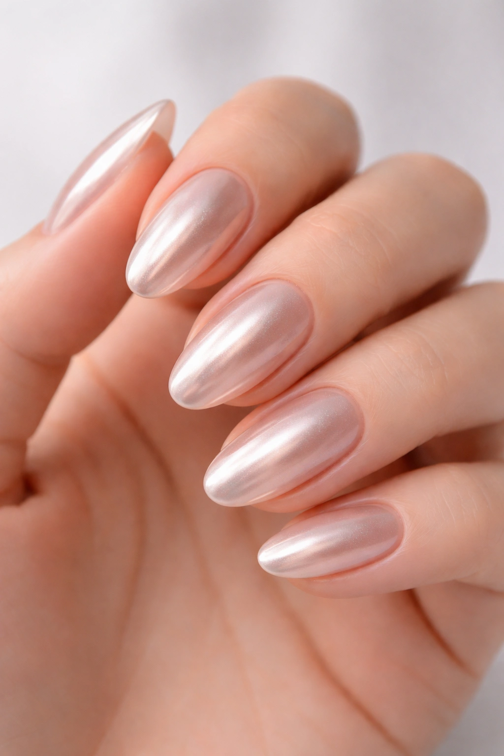 Close-up of nude chrome nails with mirror-like finish on hand