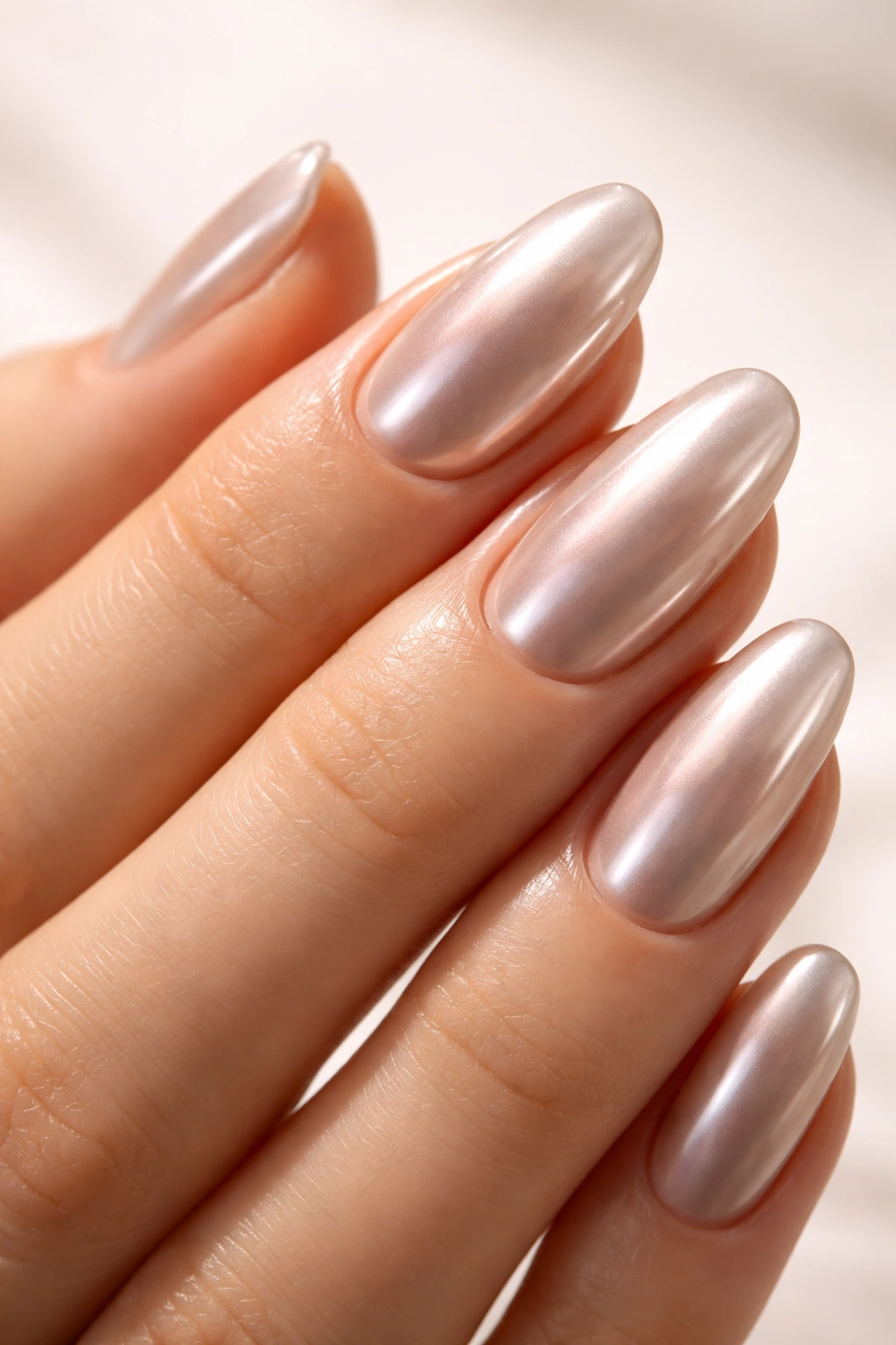 Close-up of nude chrome nails catching light with a pearlescent glow