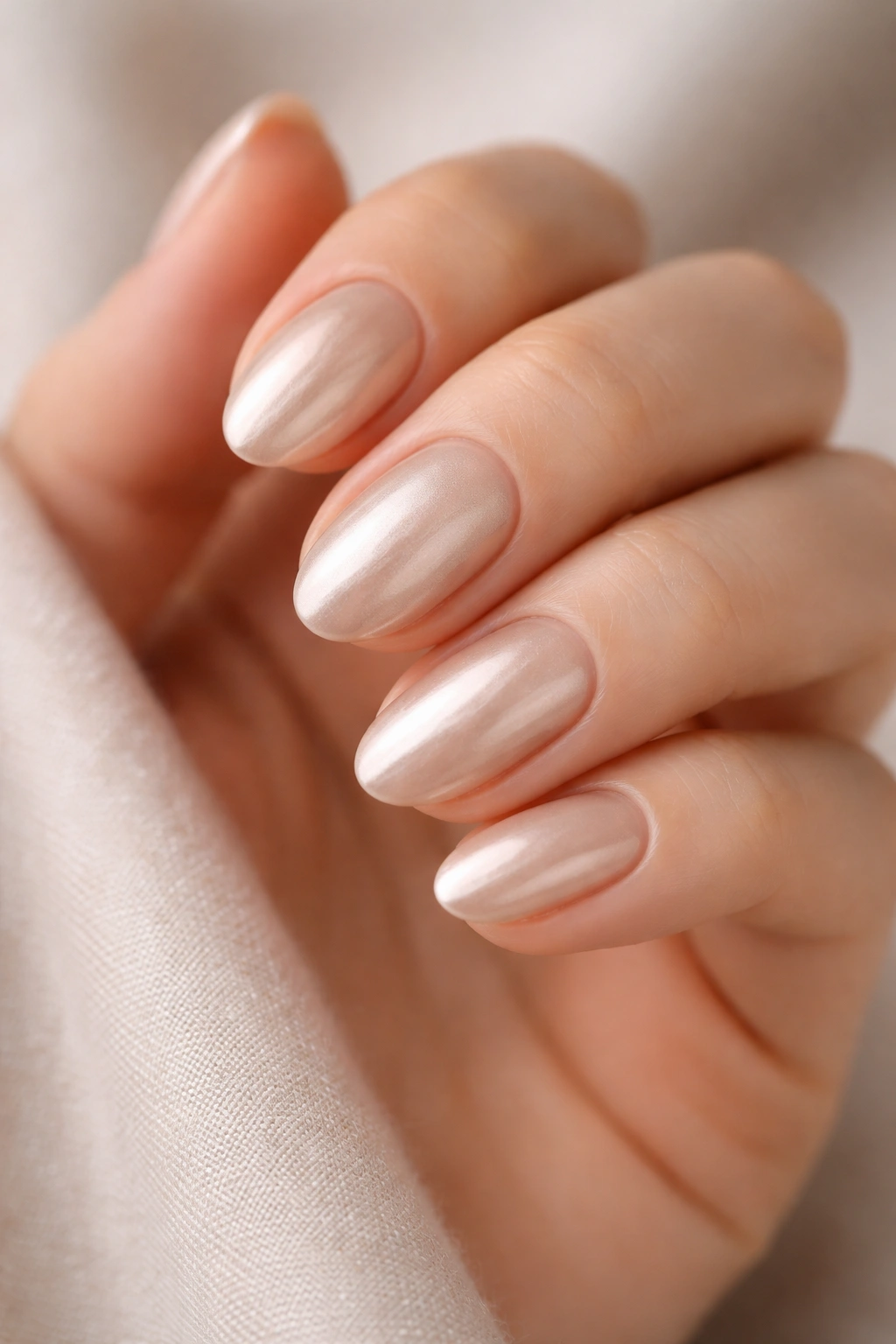 Close-up of short almond nails with satin nude chrome finish in beige tones