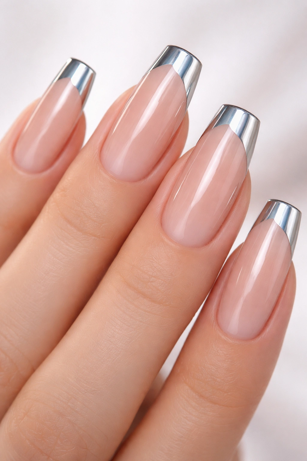 Close-up of translucent nude nails with chrome tips on long squoval nails
