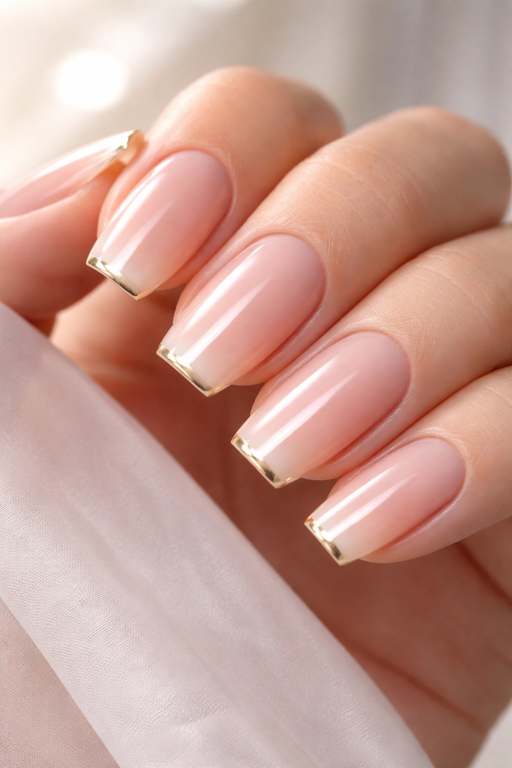 Nude to clear gradient nails with a thin gold tip line