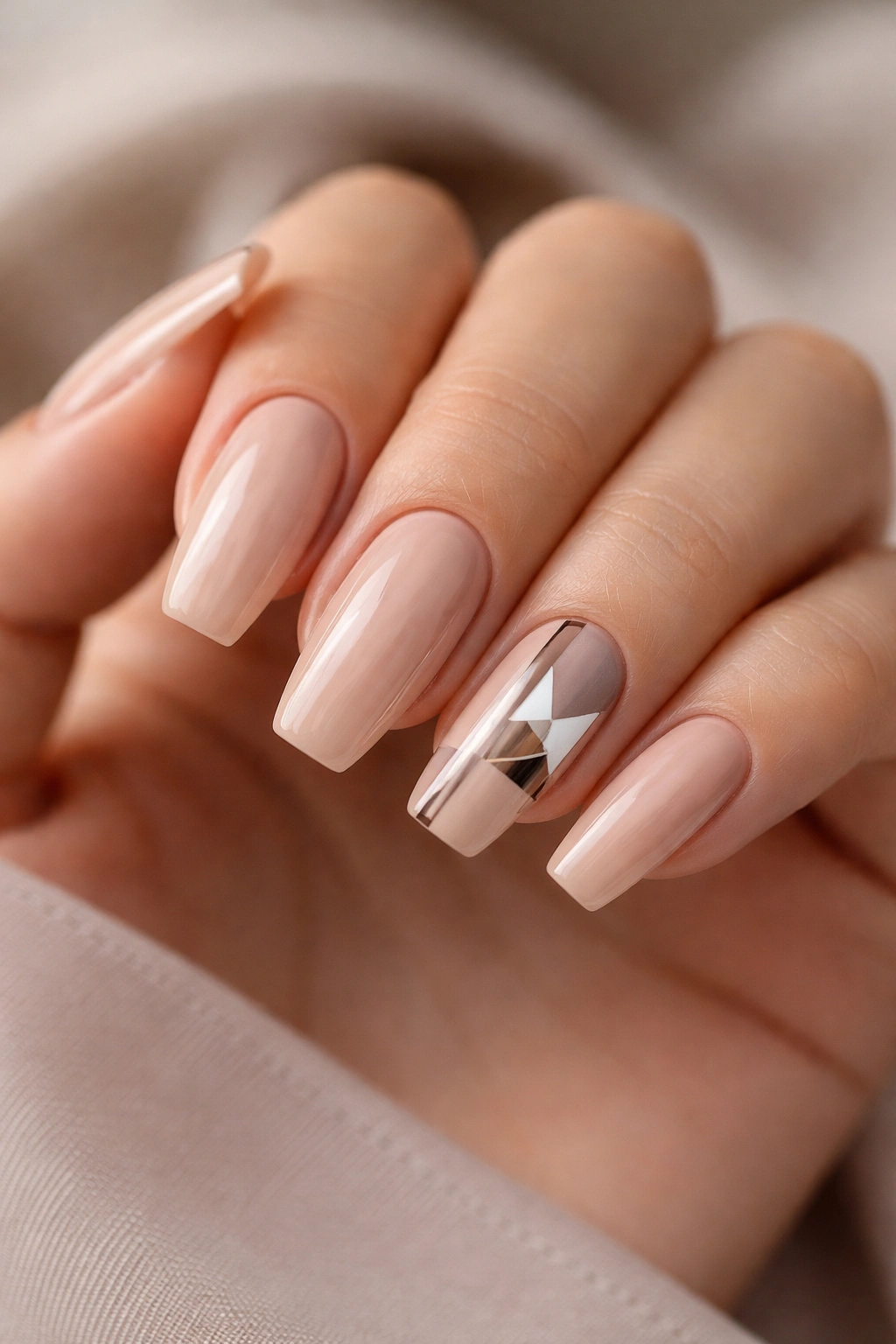 Nude coffin nails with geometric patterns on accent nails