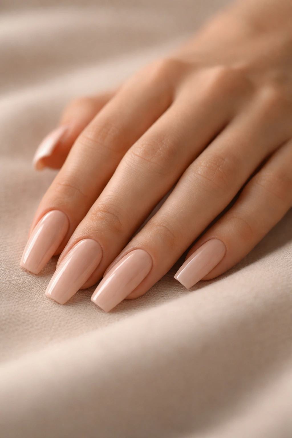 Close-up of nude coffin nails on a bare hand with a smooth, even base