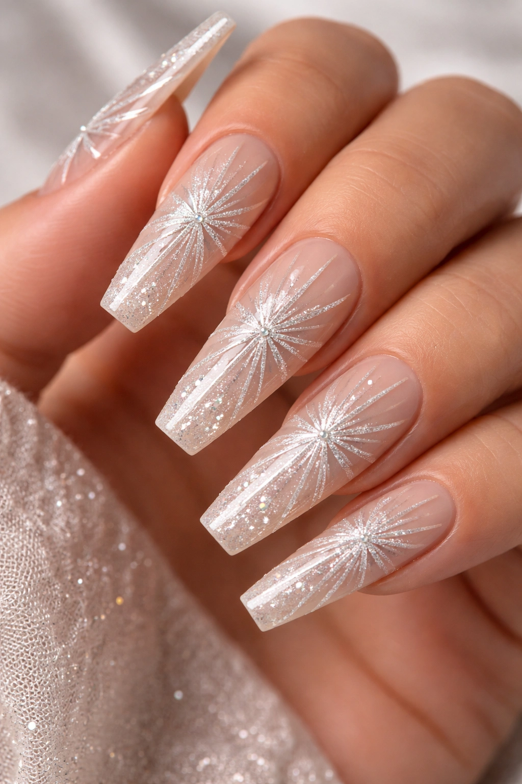 Close-up of nude coffin nails with radiating silver starburst patterns on a neutral background