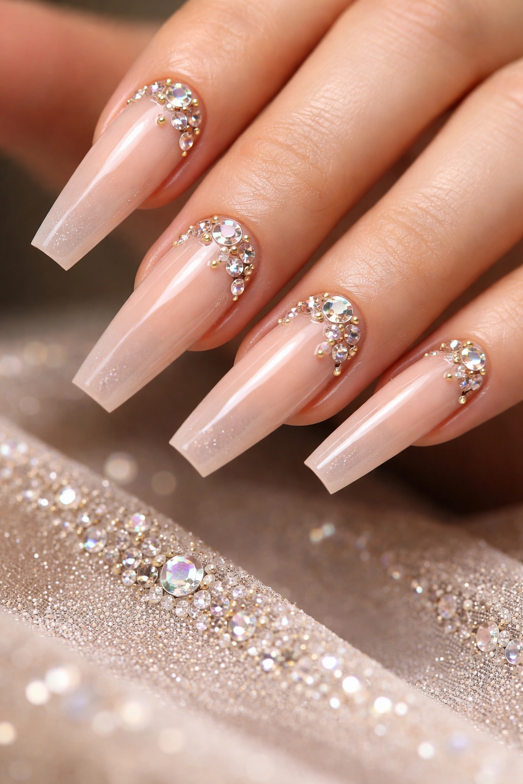 Nude coffin nails with strategically placed crystalline stones