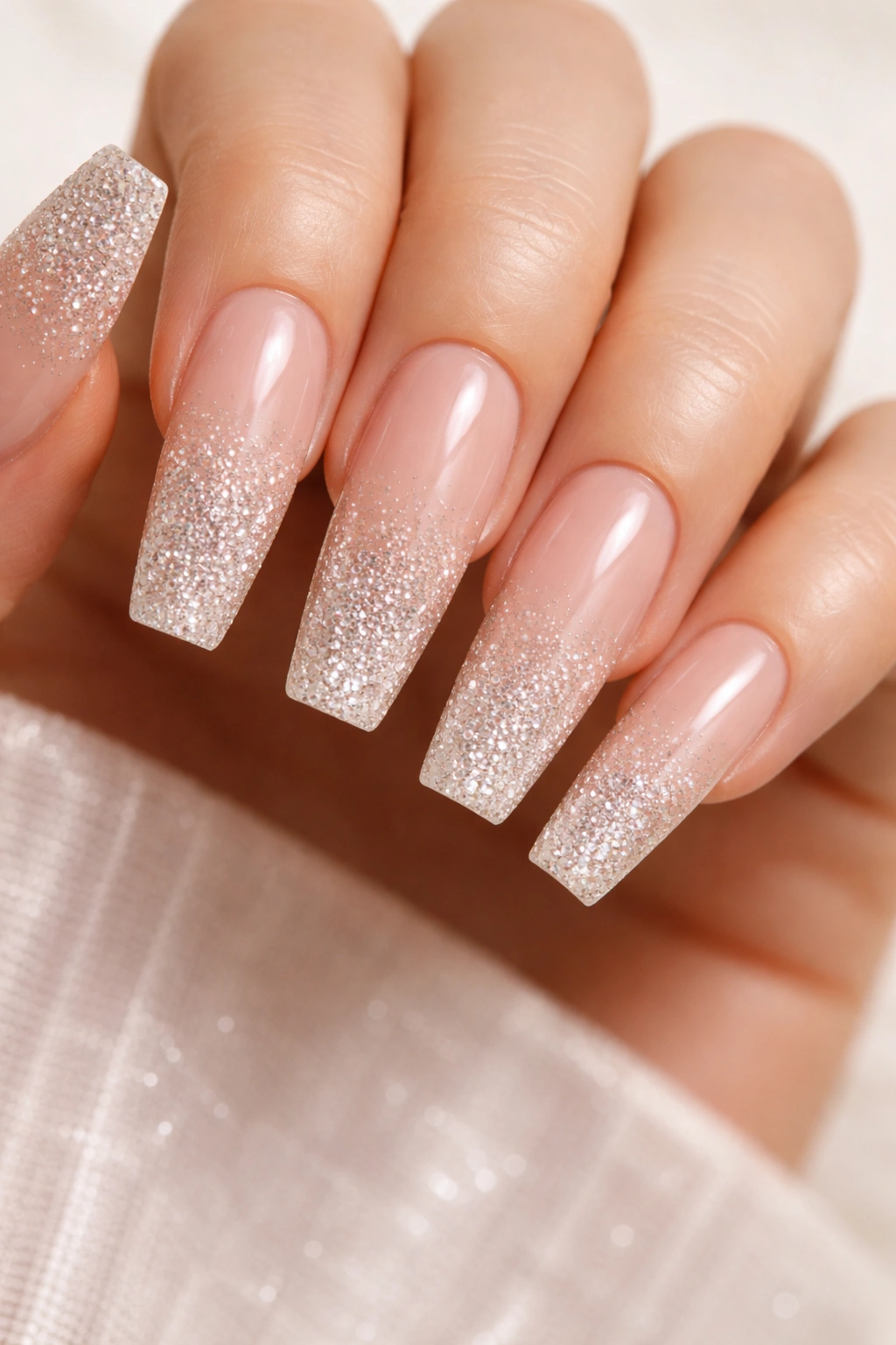 Close-up of nude coffin nails with a micro crystal ombre from base to tip