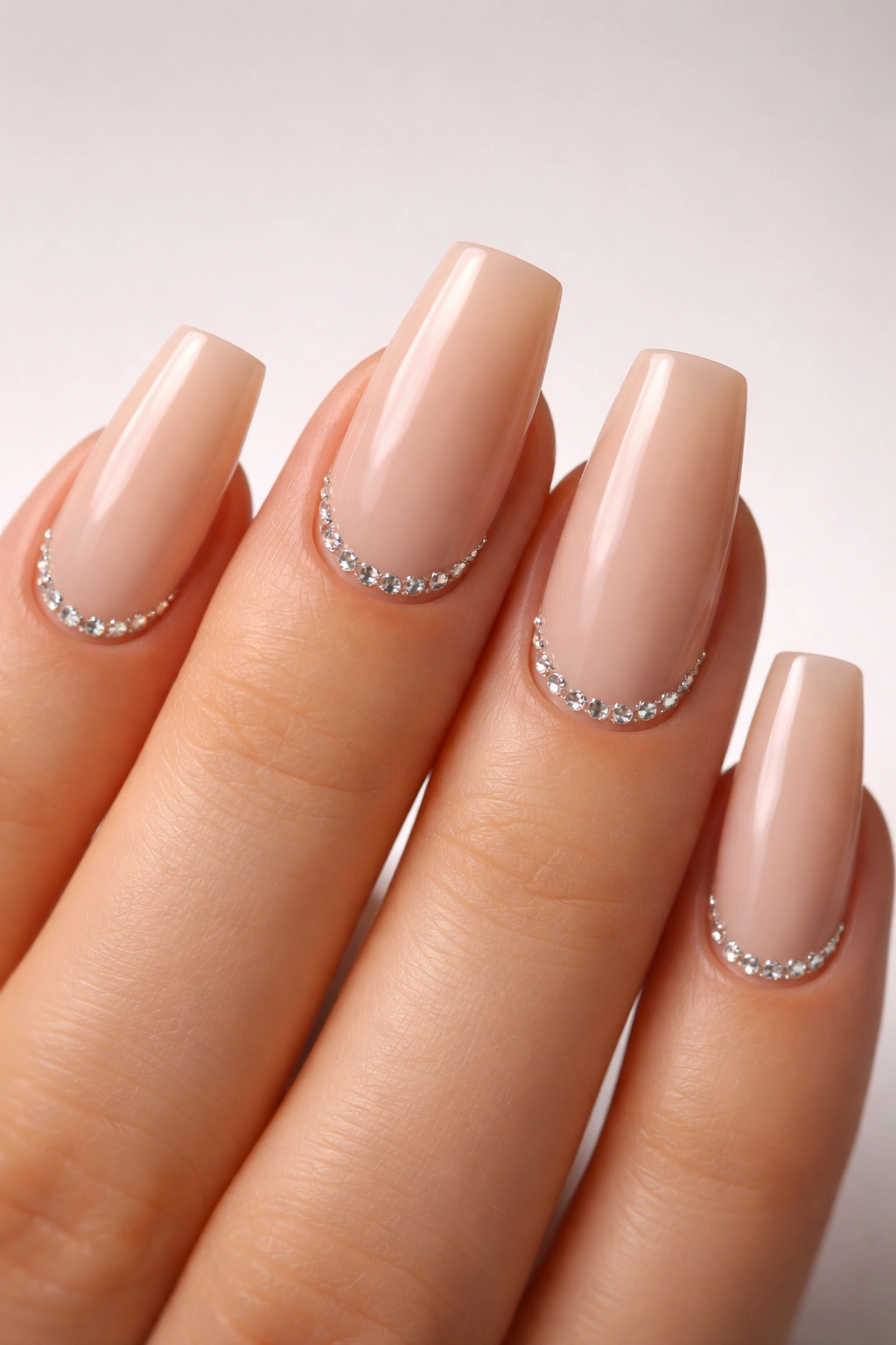 Close-up of nude coffin nails with small diamond embellishments along the cuticle line on a bare fingertip