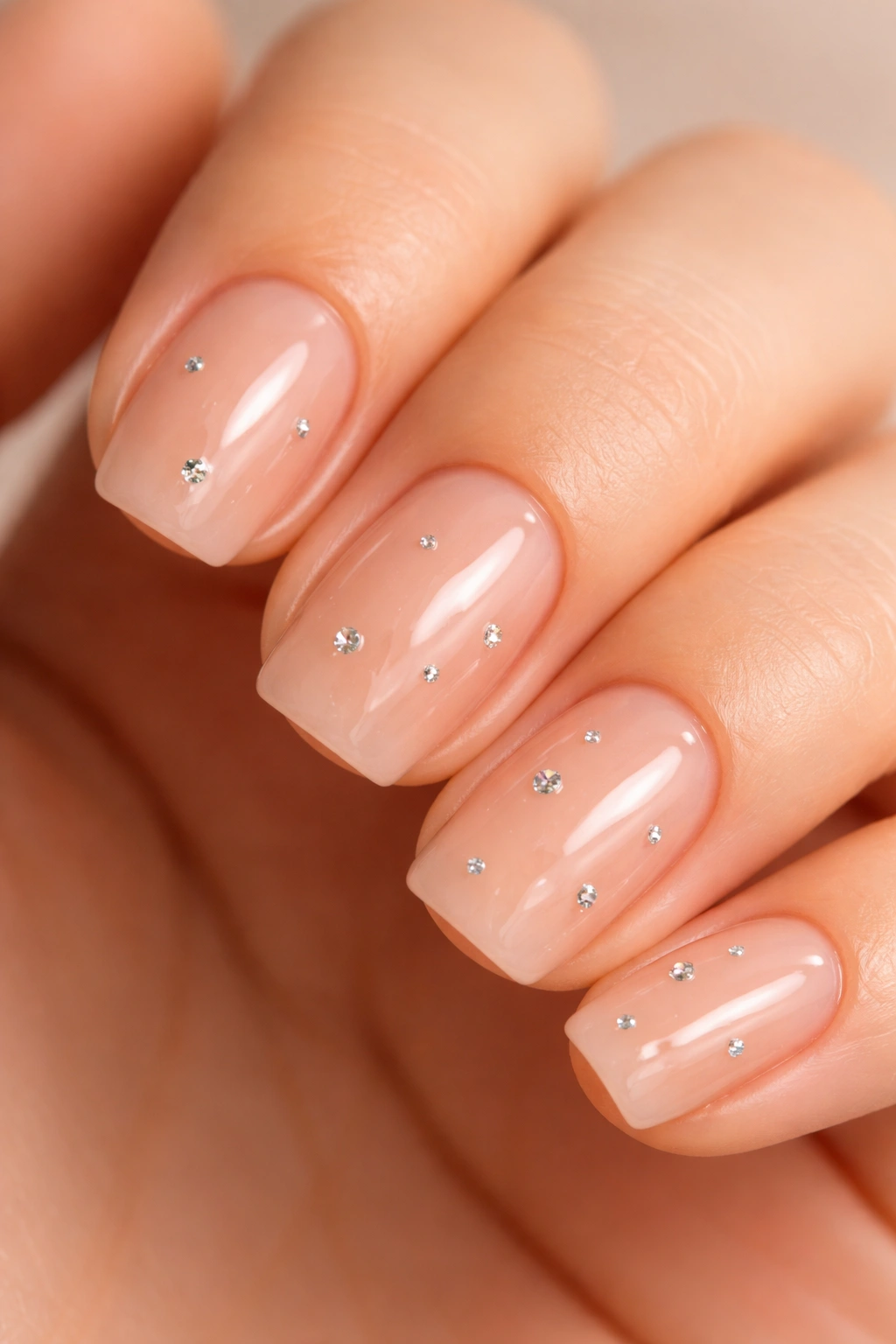 Close-up of short squoval nails with a nude gel base and small diamonds embedded under a shiny topcoat