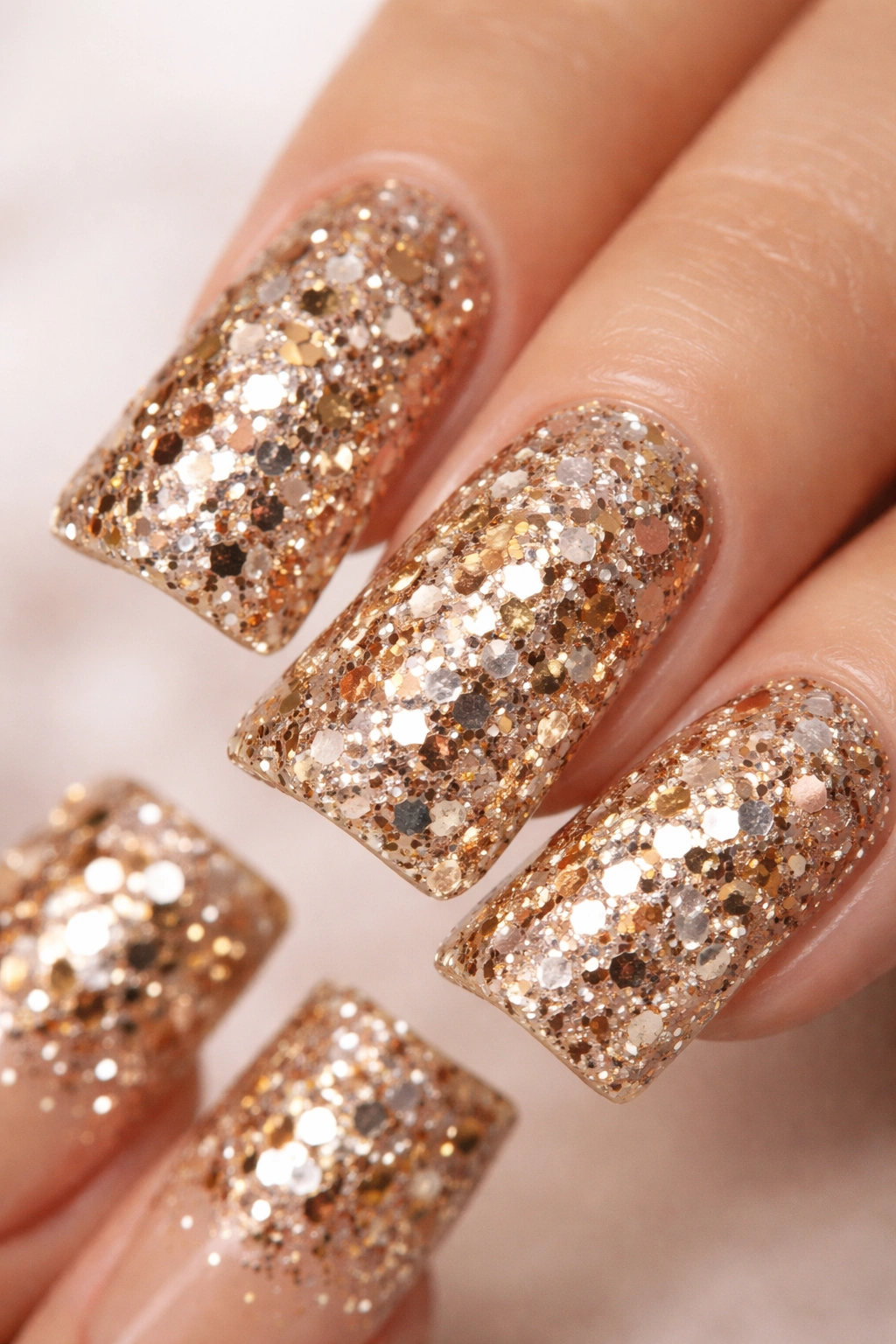 Close-up of a duck nail with nude base and chunky mixed-metal glitter.