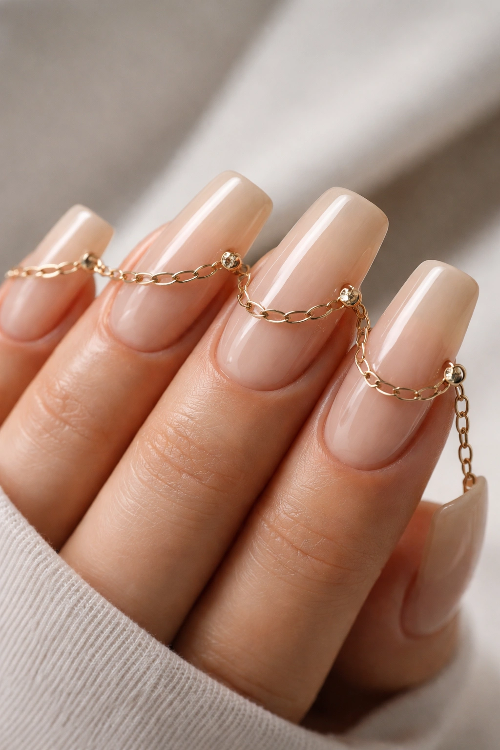 Close-up nude duck nails with delicate chain-link charms