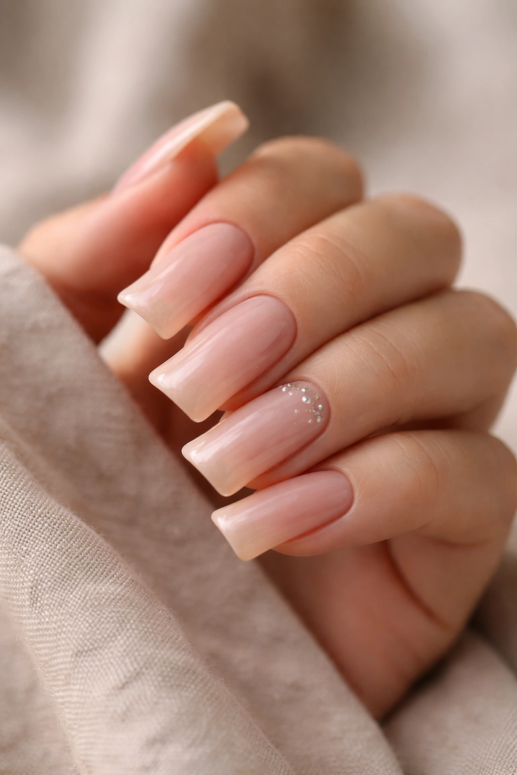 Close-up of a hand with nude duck nails showing the curved duck nail shape