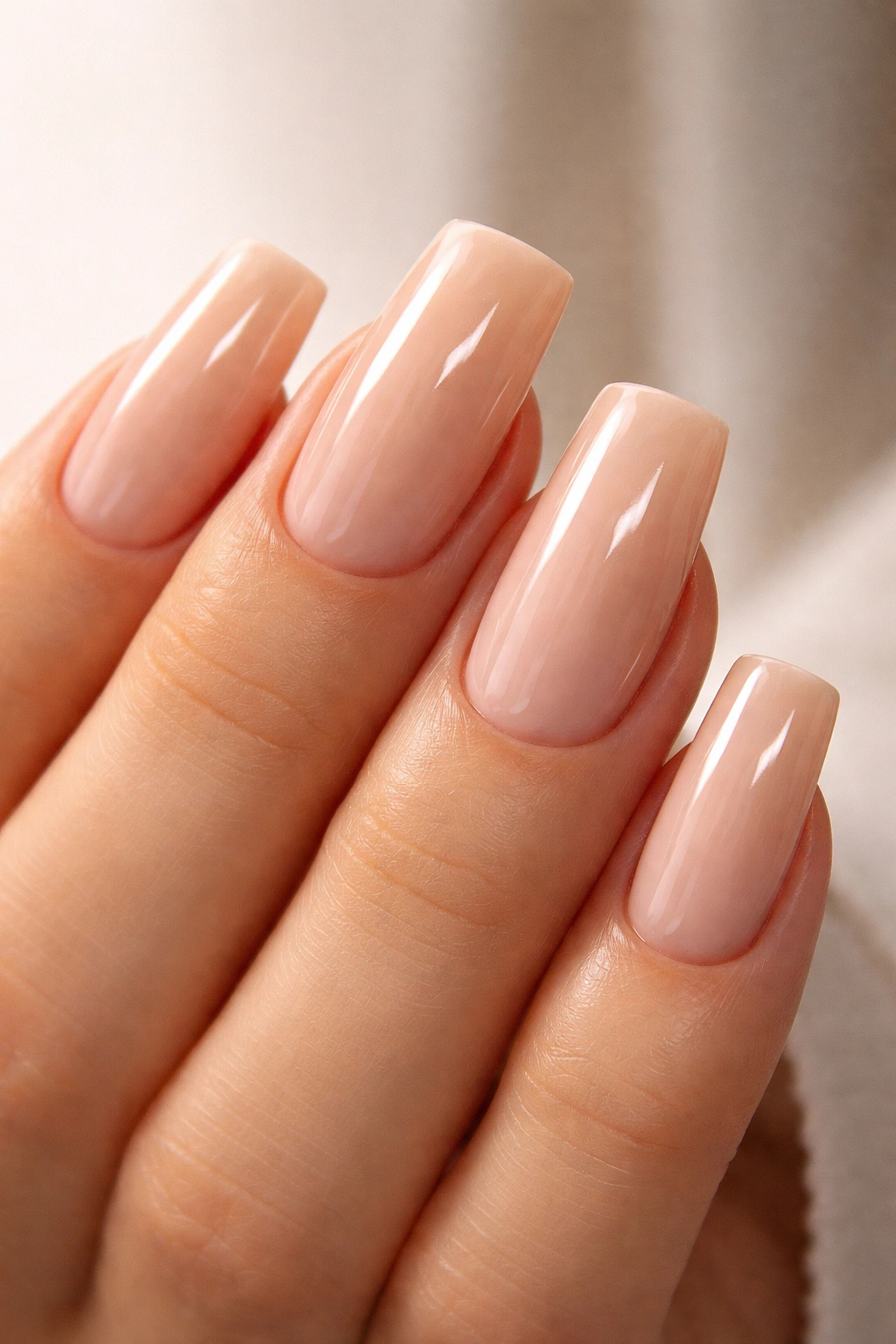 Close-up of nude duck nails with a high-gloss finish on a bare hand