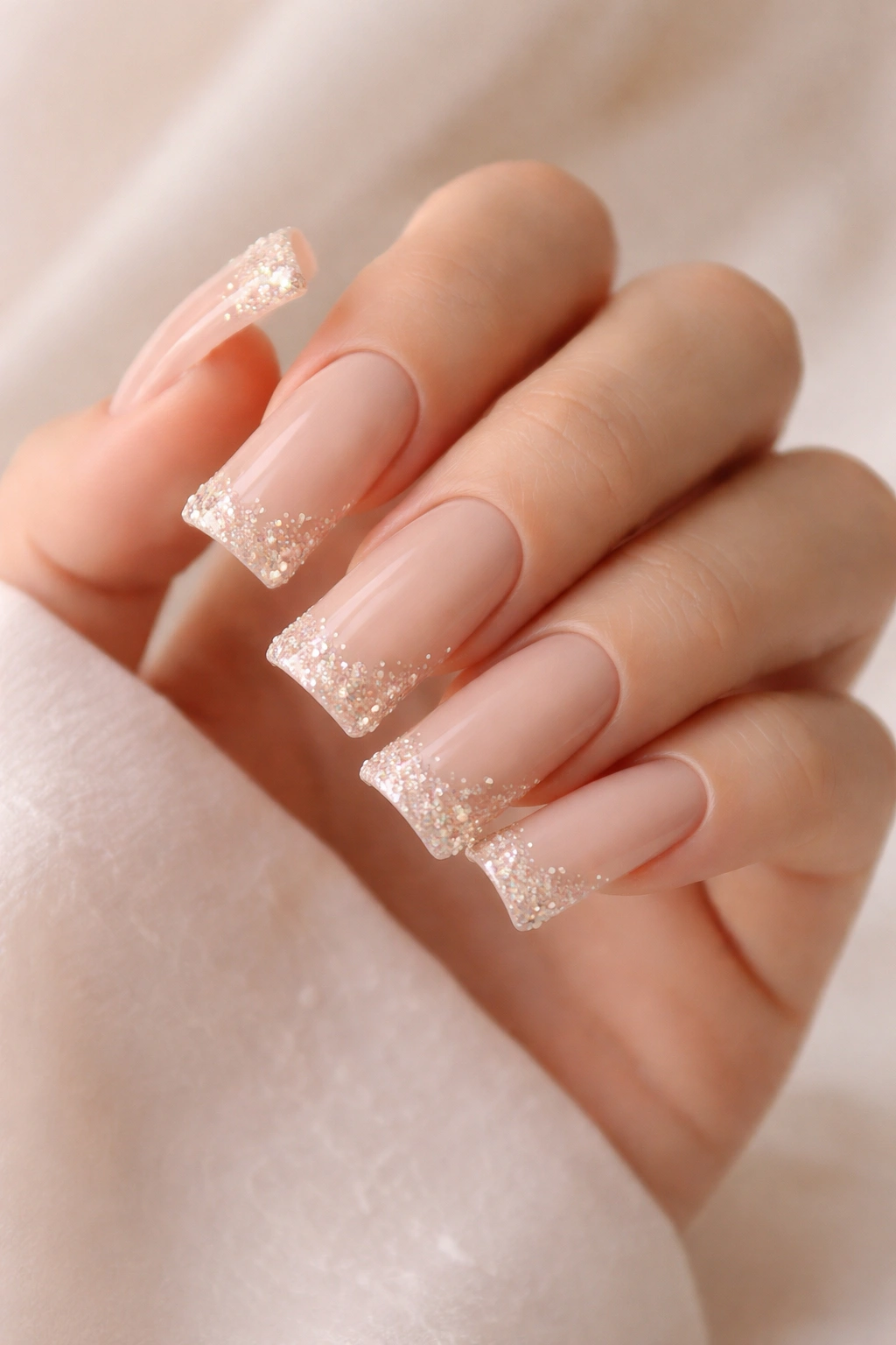 Close-up of nude duck nails with subtle sparkle on a hand