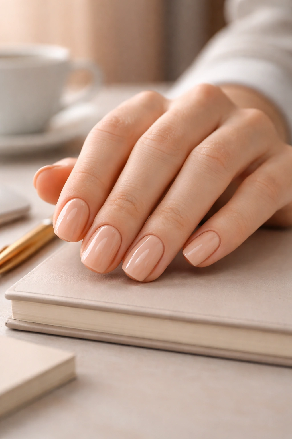 Close-up of nude-toned nails matching skin tone with glossy finish for a professional look