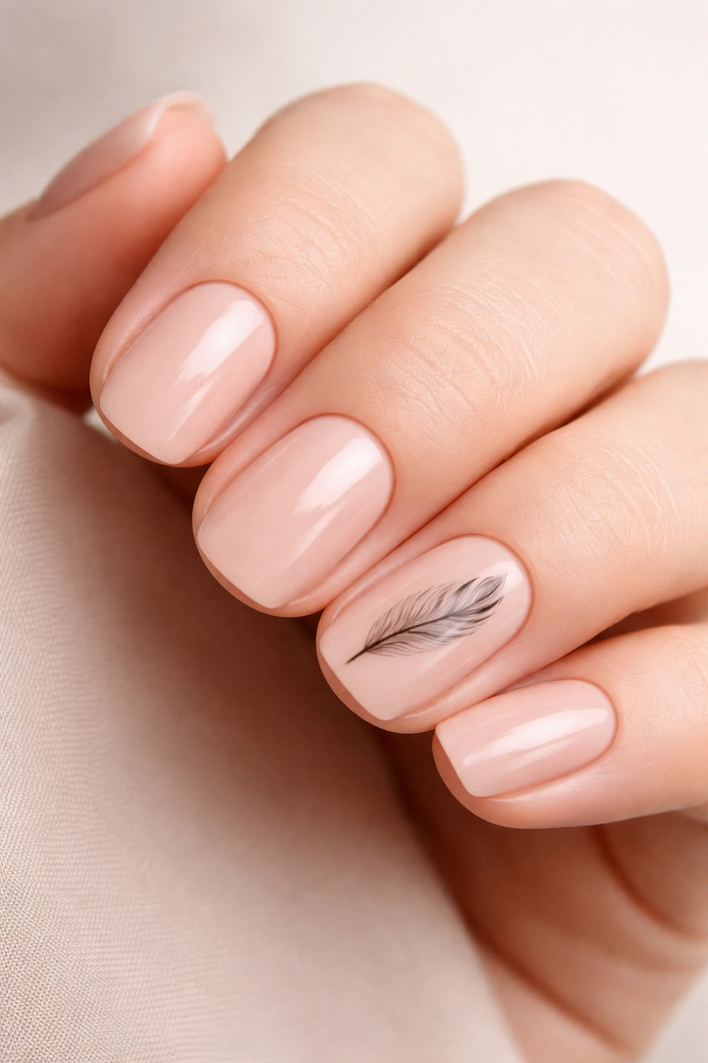Close-up of nude nails with a delicate feather illustration on the accent nail