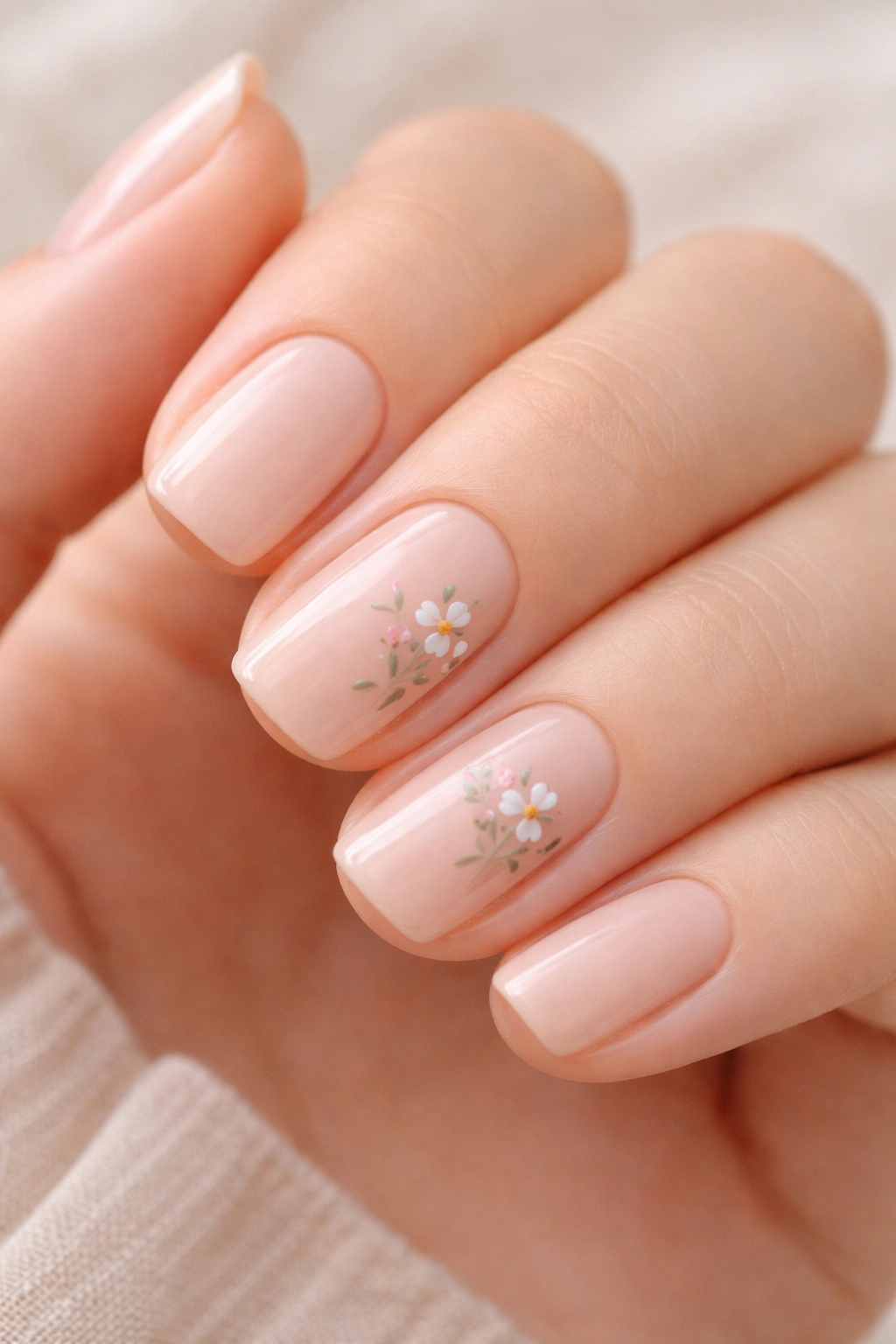 Close-up of nude squoval nails with delicate floral art