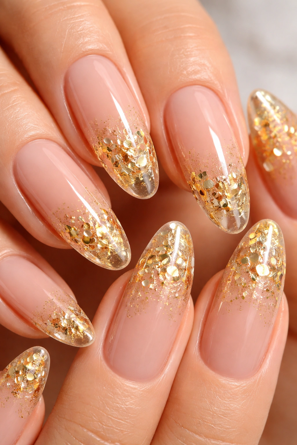 Nude nails with encapsulated gold foil inside the acrylic