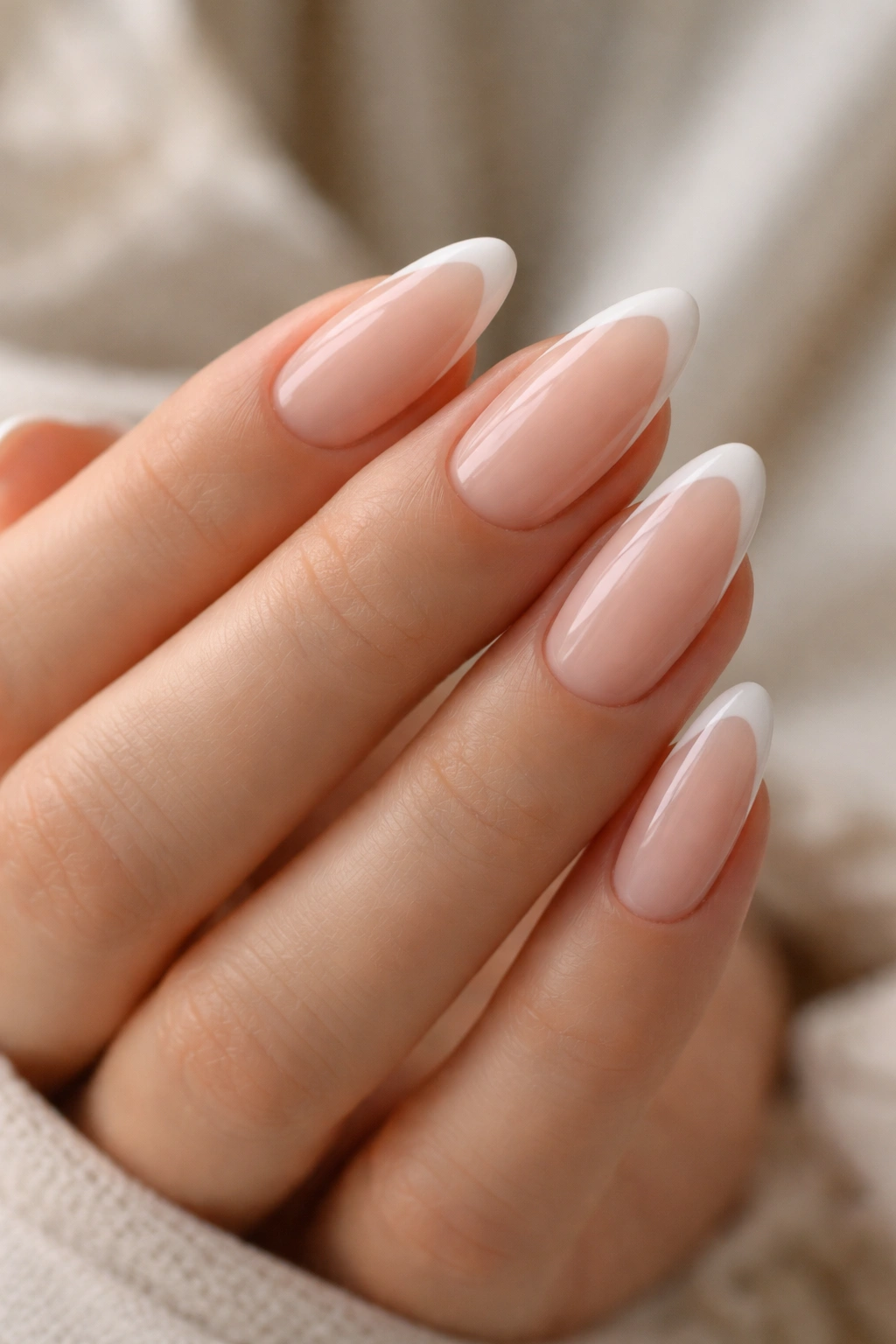Close-up of nude French almond nails with a slim white tip