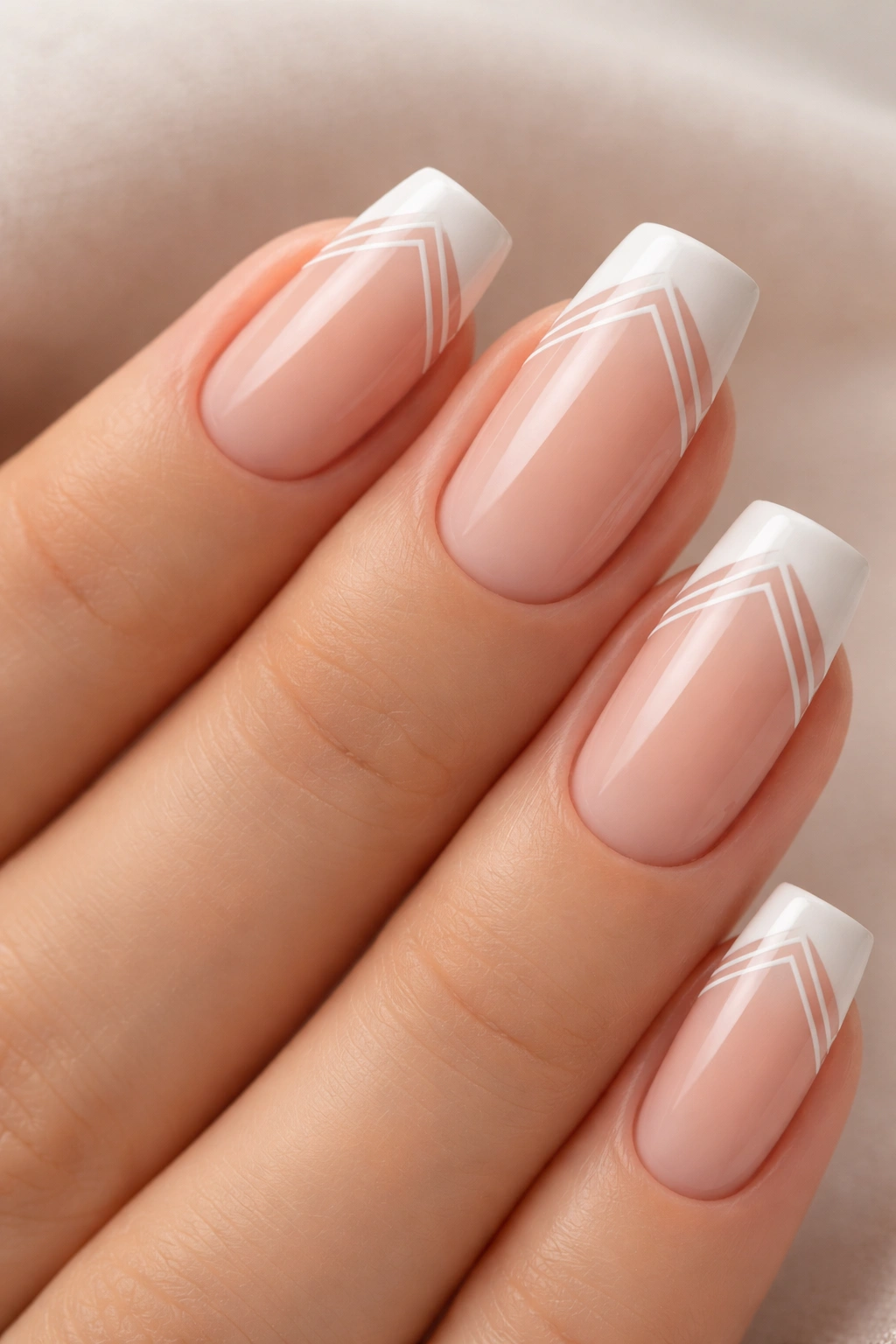 Nude French tips with white tips and delicate geometric lines on the tips.