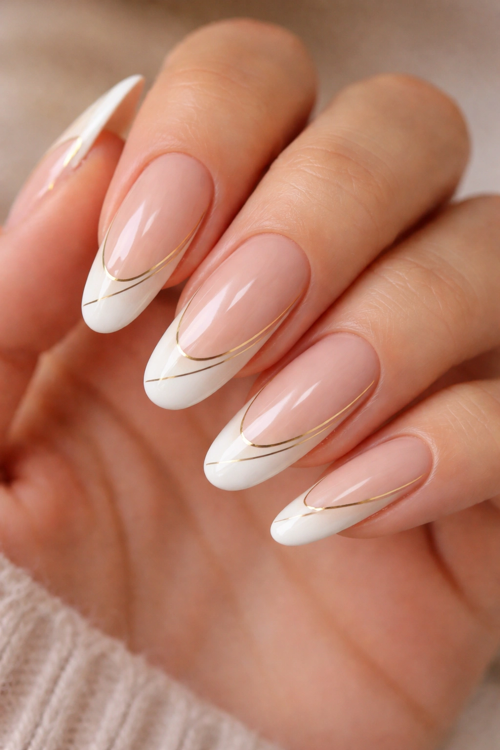 Close-up of long oval nails with nude base, white tips, and gold swirl lines
