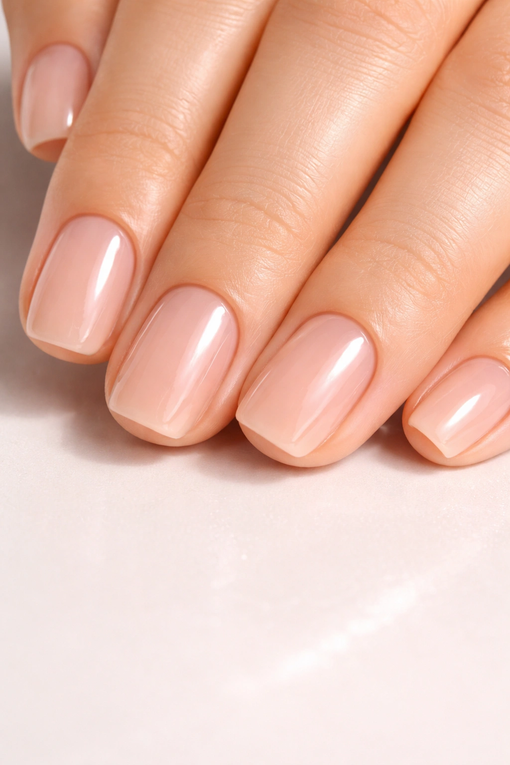 Close-up of short squoval nails with nude gel finish and high gloss