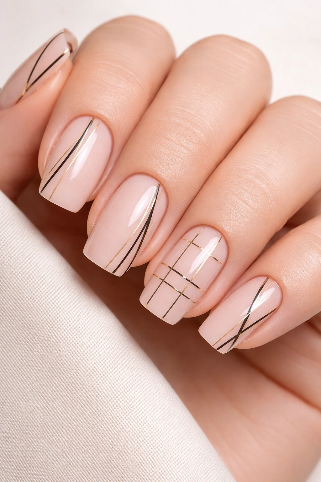 Nude squoval nails with geometric line details on hand