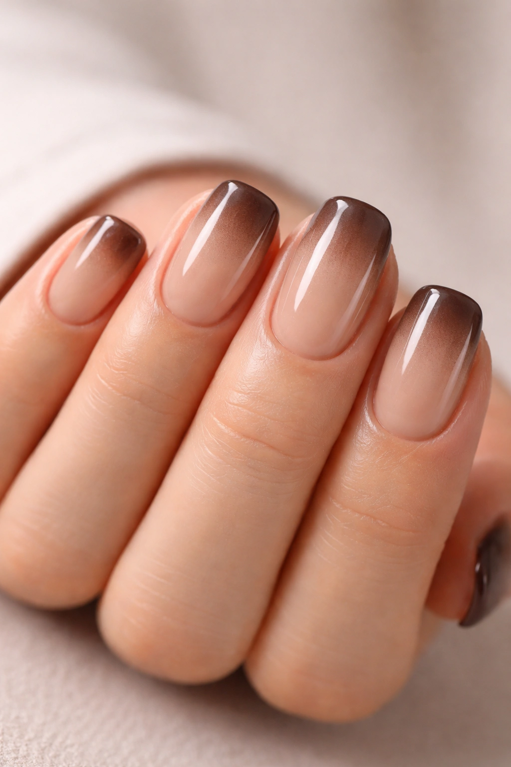 Close-up of short squoval nails with nude-beige to dark-tip ombre glaze