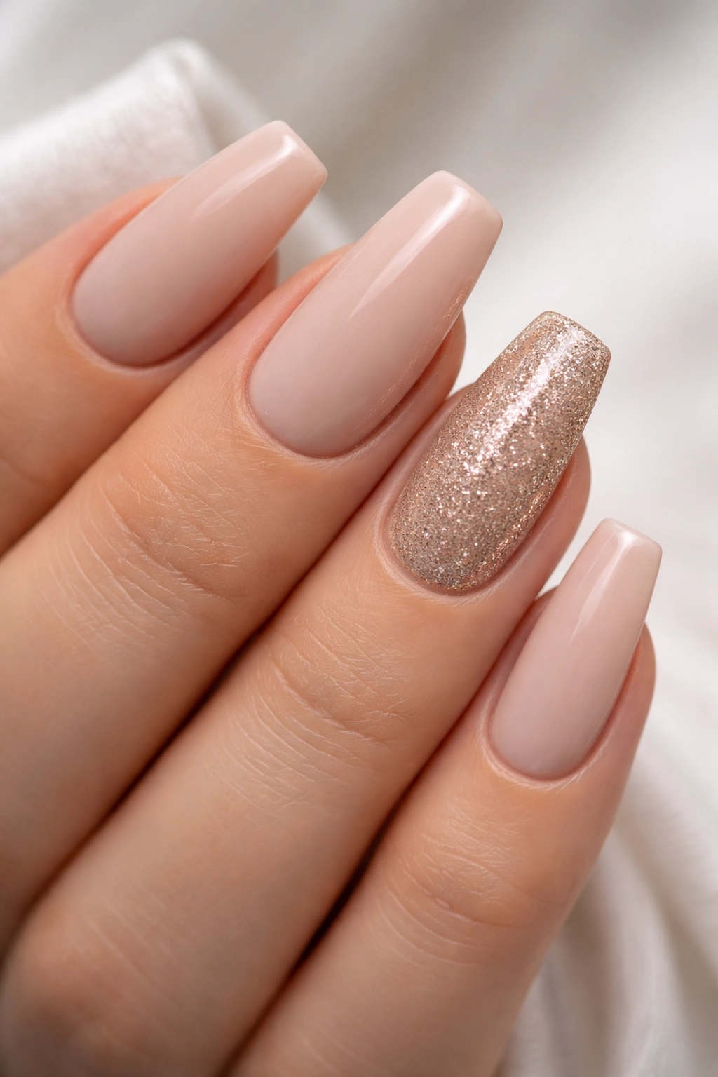 Nude base coffin nails with a single glitter accent nail