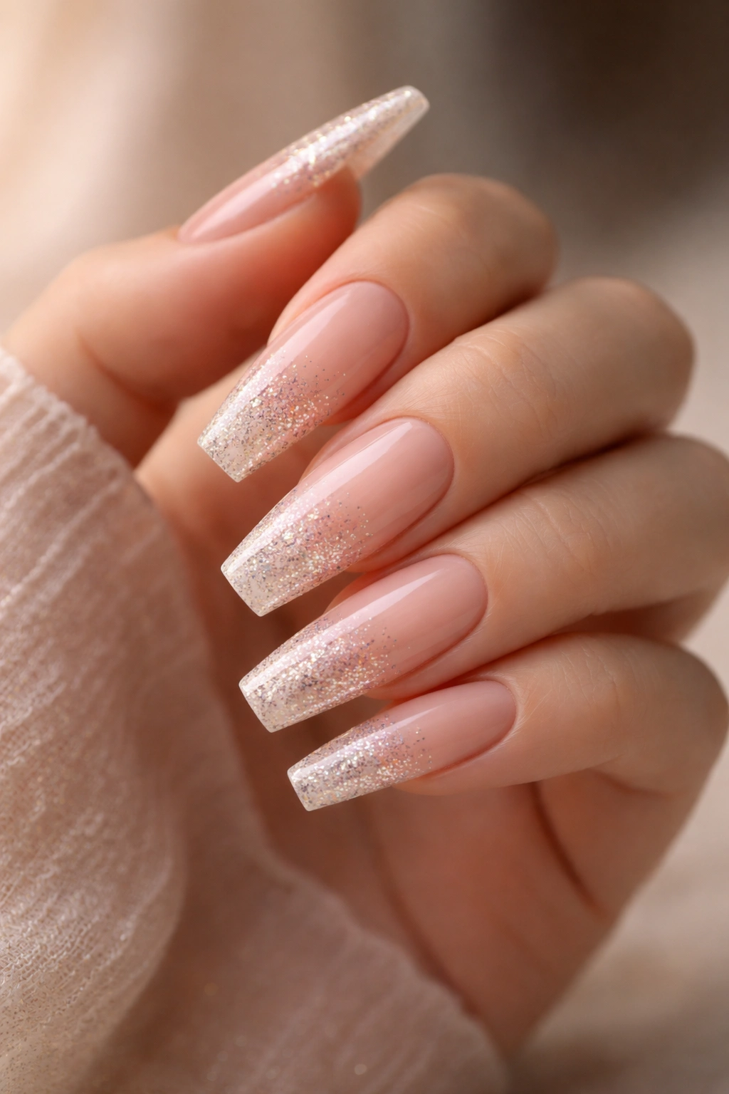 Long coffin nails with a subtle nude glitter gradient.