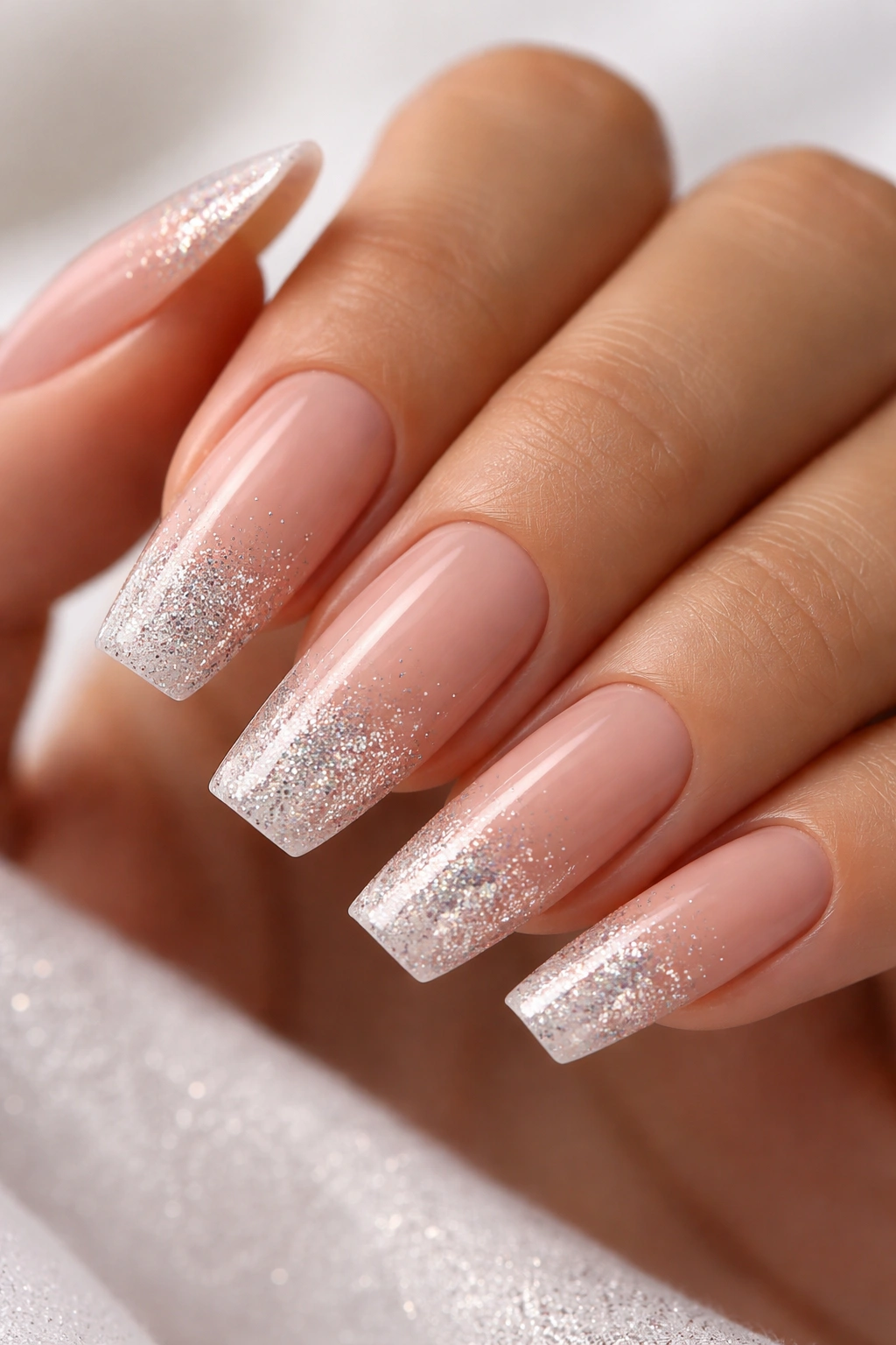 Close-up of nude French tips with a gradient glitter effect on medium coffin nails