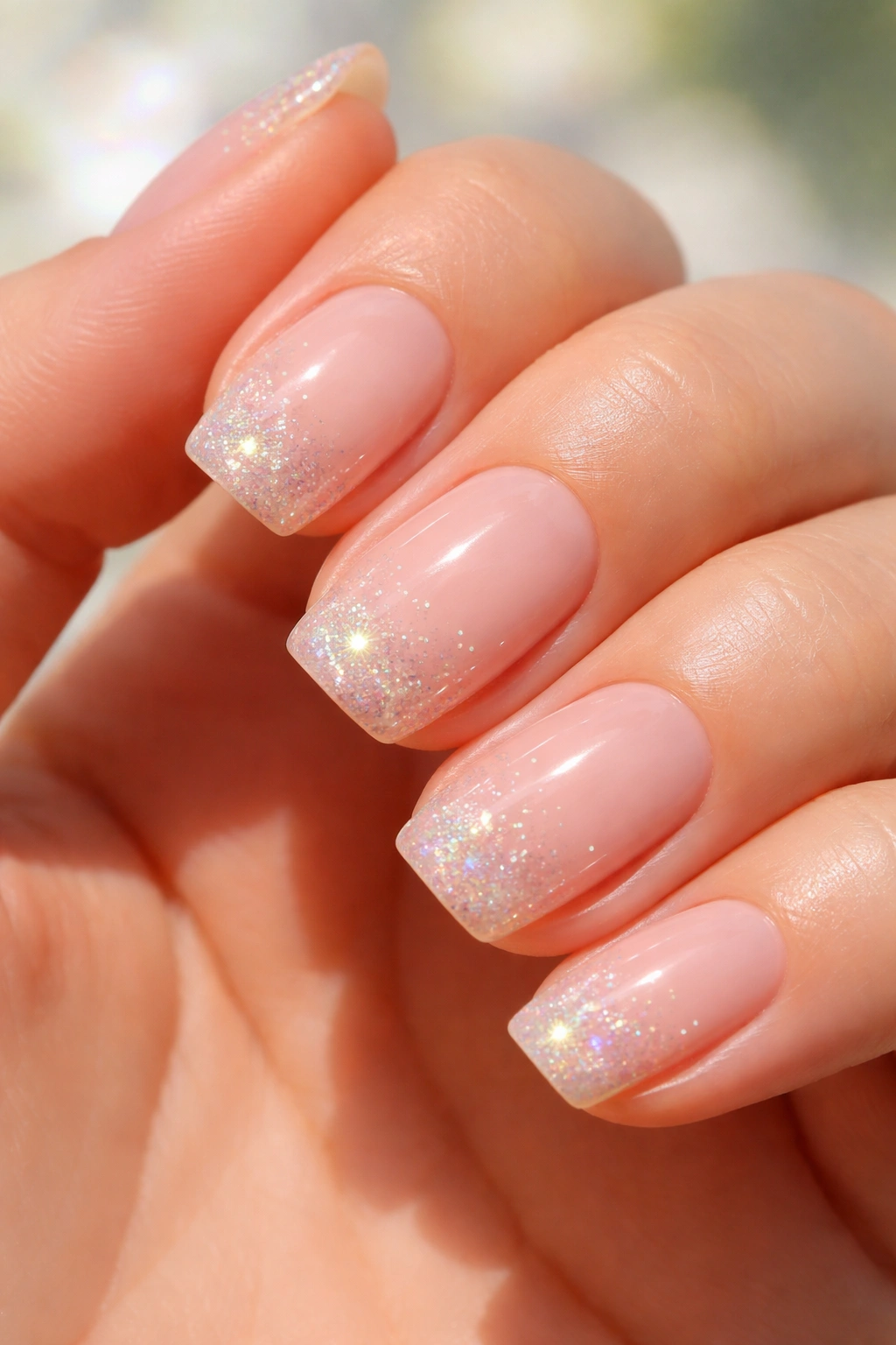 Close-up of nude nails with iridescent glitter tips catching daylight