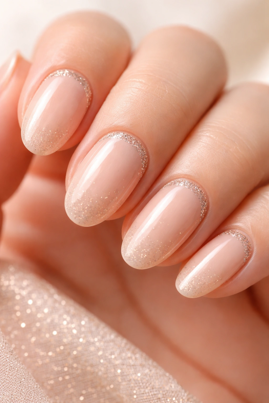 Close-up of oval nails with nude base and micro glitter accent near the cuticle
