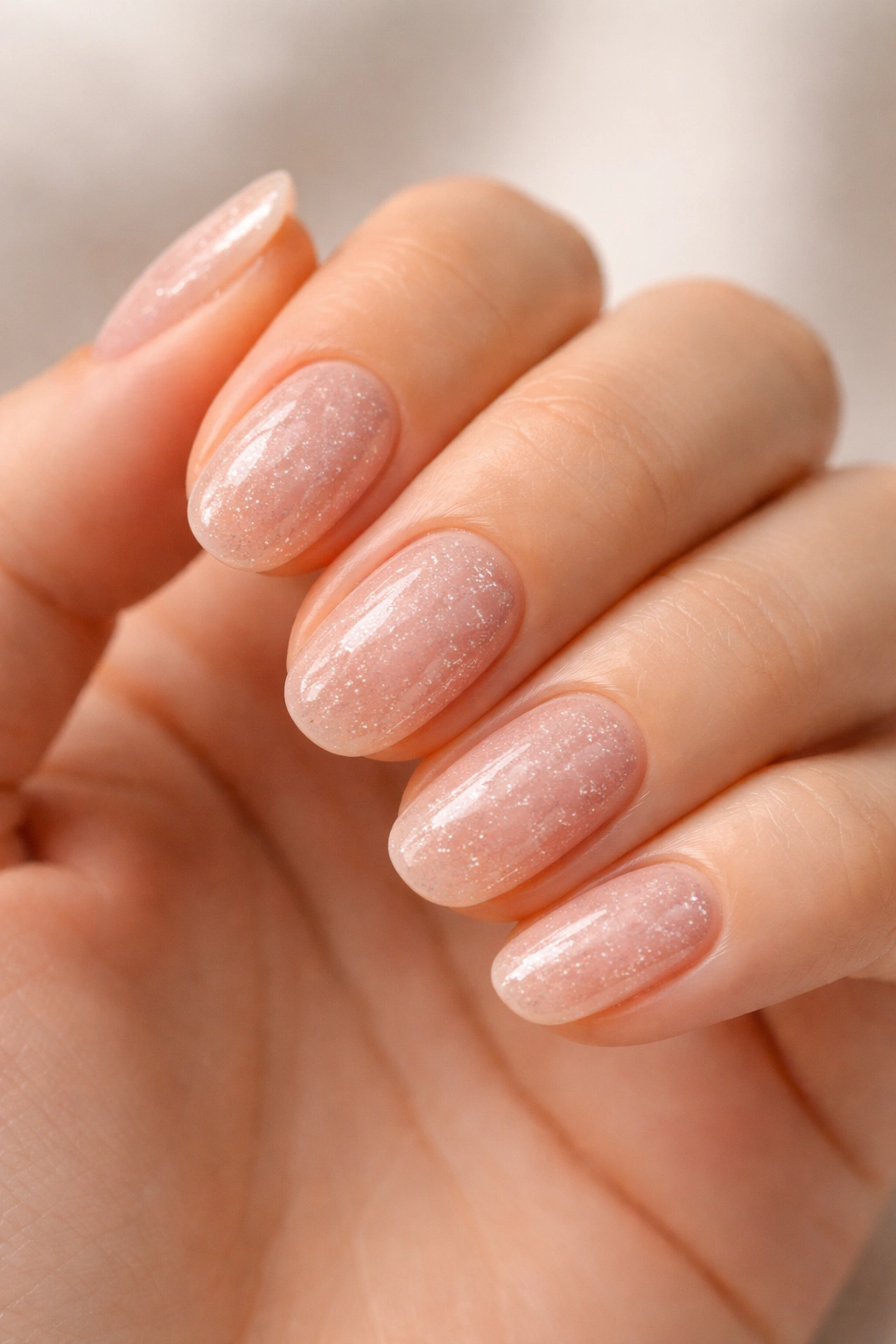Close-up of nude short oval nails with fine micro glitter and glossy shine