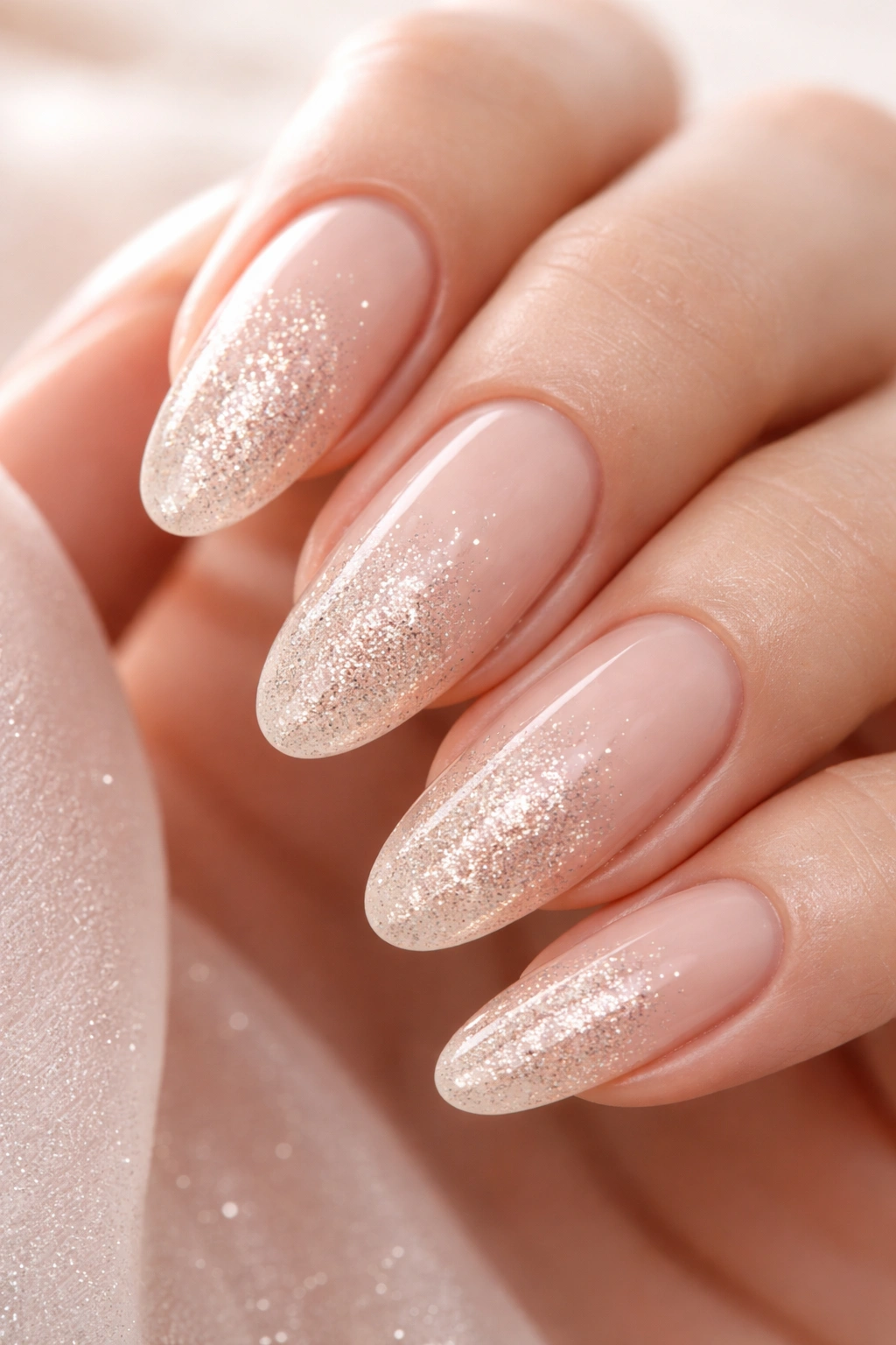 Close-up of nude nails with subtle champagne glitter gradient on long oval nails