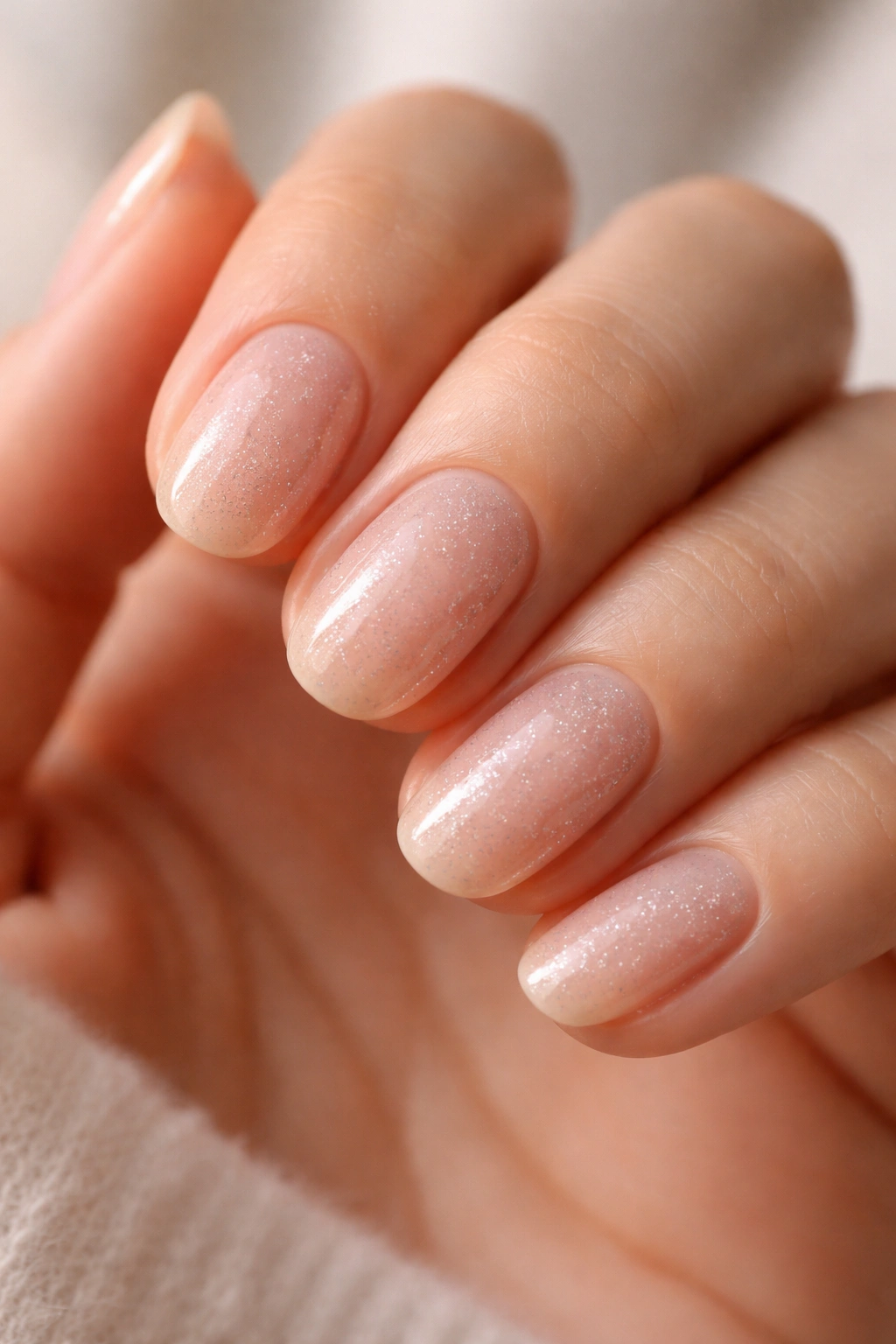 Close-up of nude nails with micro glitter