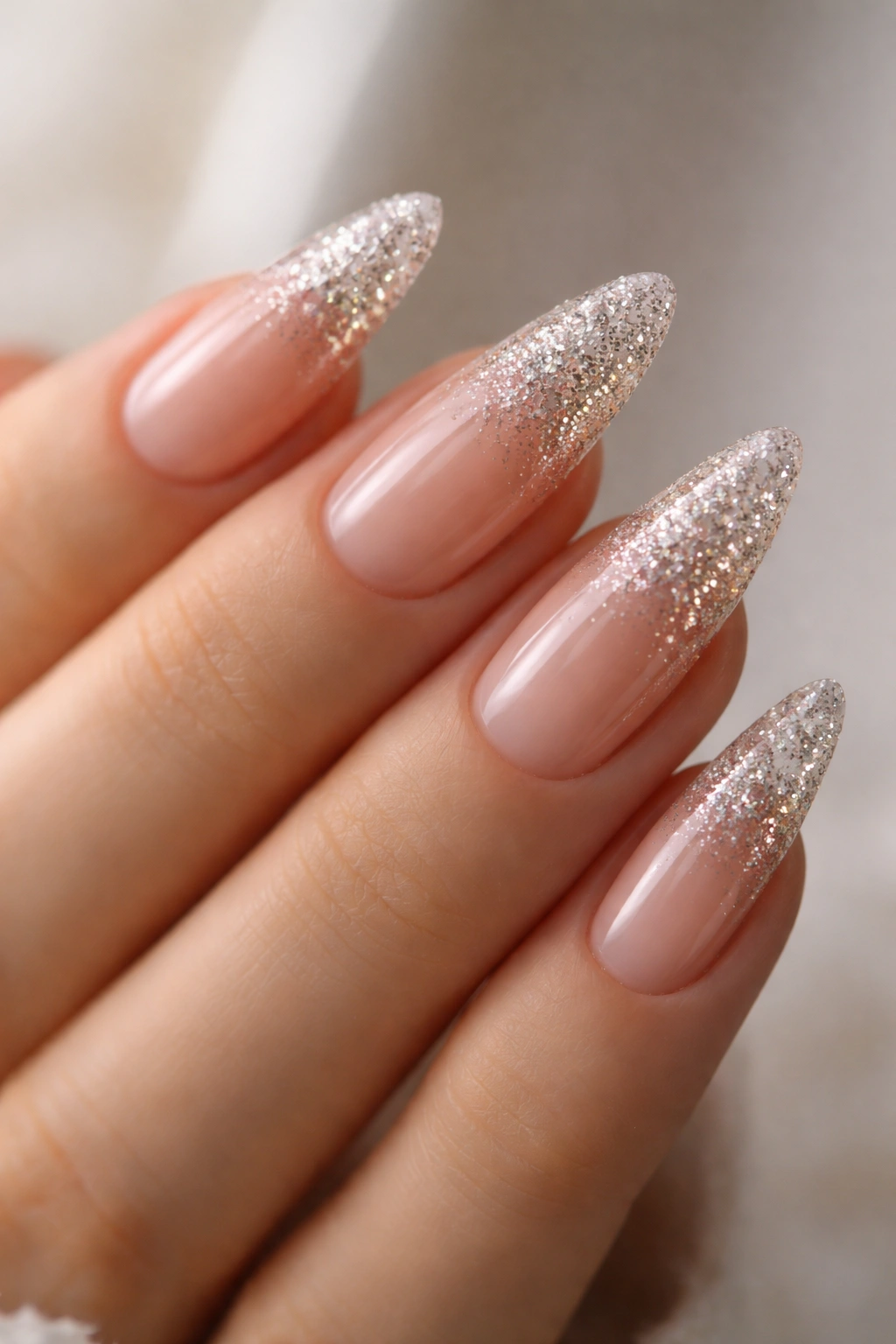 Close-up of nude-to-glitter ombre on medium stiletto nails with subtle sparkle