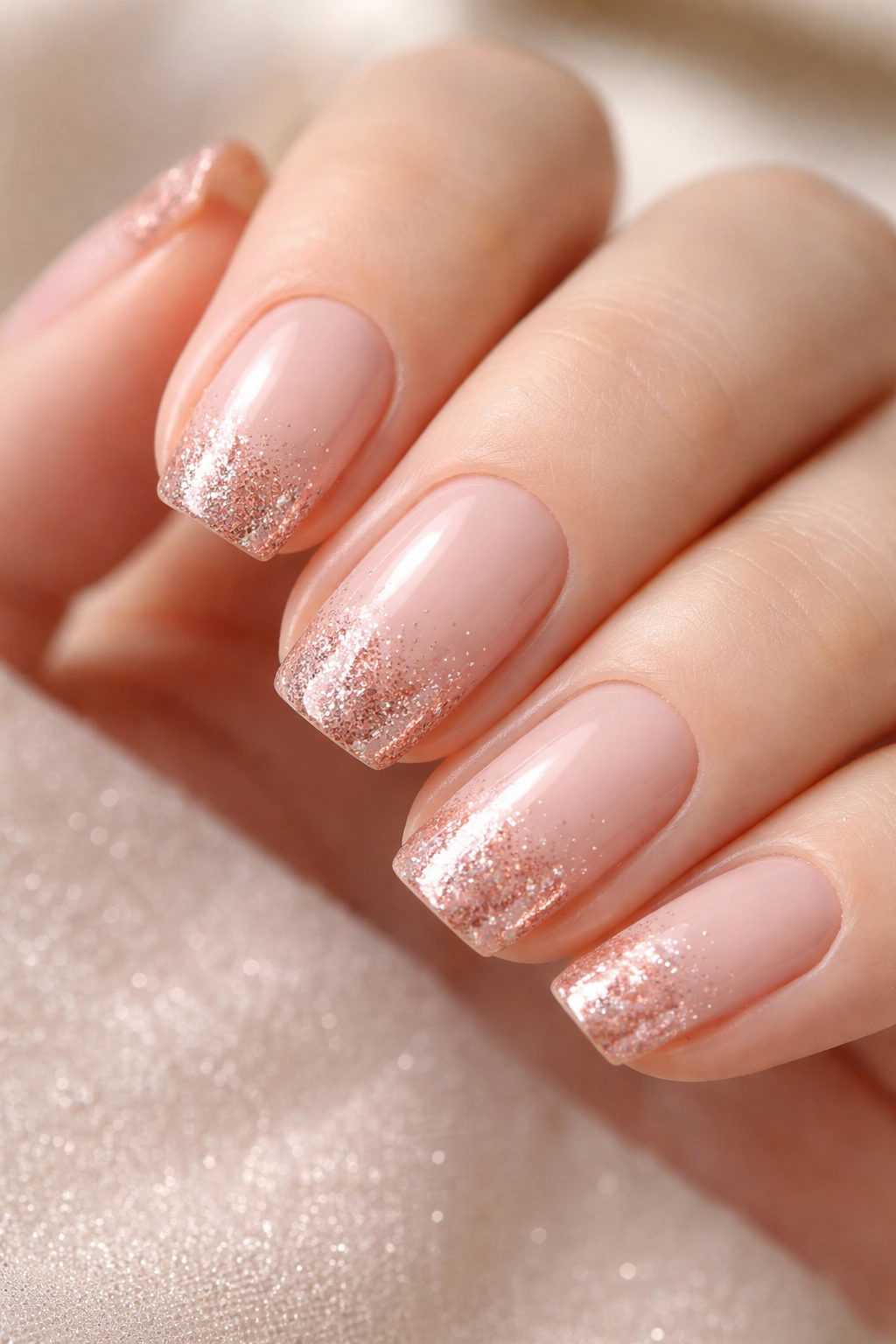 Close-up of sheer nude nails with rose gold glitter tips gradient