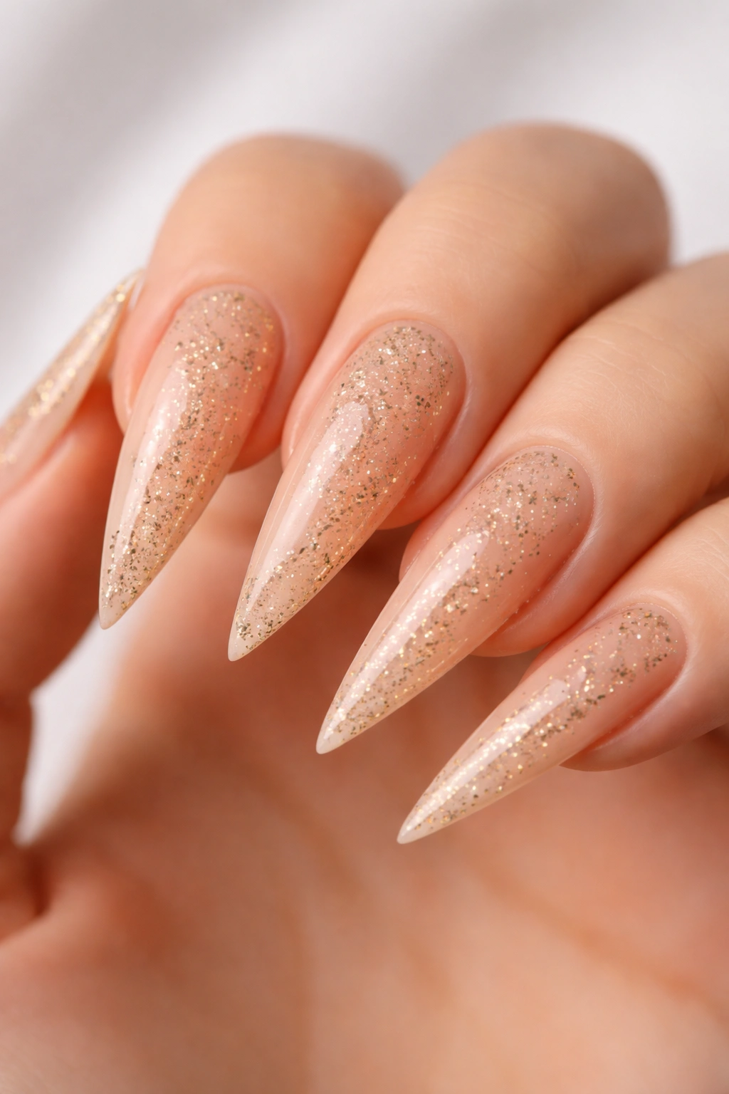Close-up of nude stiletto nails with scattered gold glitter on beige base