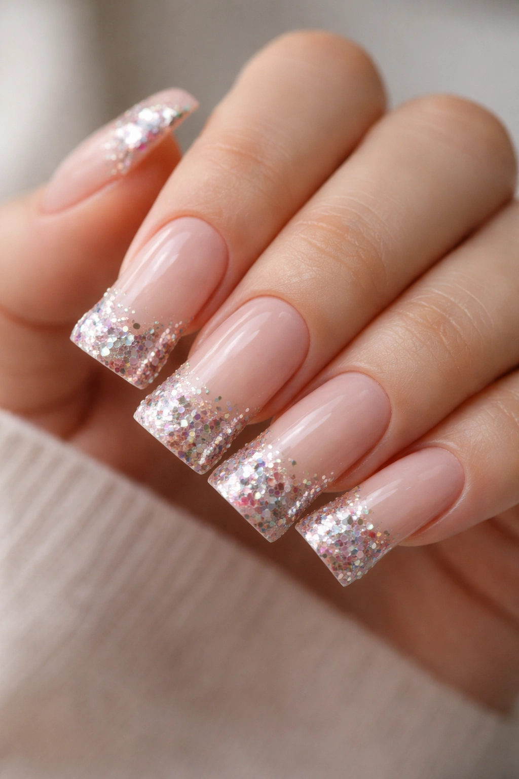 Nude duck nails with chunky glitter tips in a gradient