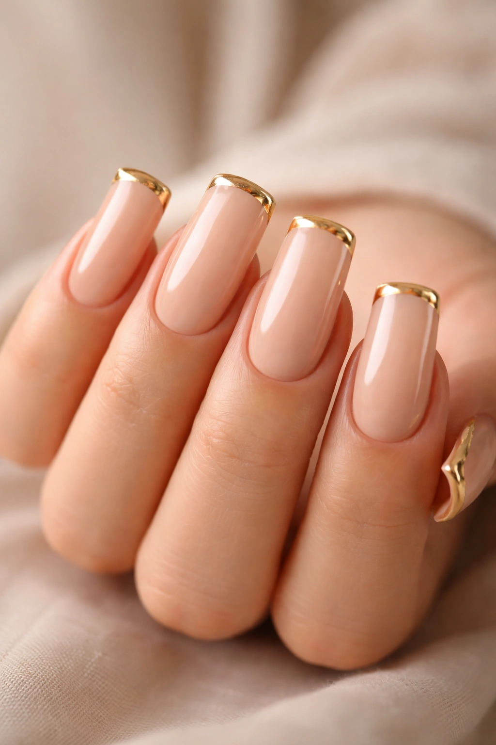 Close-up of nude with gold accent duck nails with warm base and gold edge